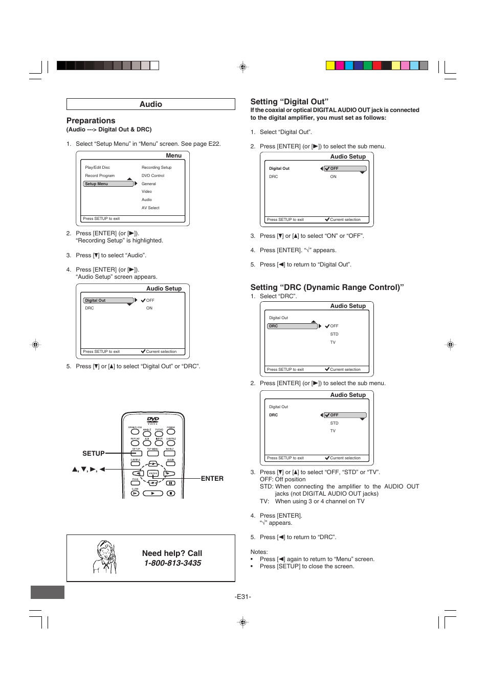 Preparations, Audio need help? call, Setting “digital out | Setting “drc (dynamic range control) | Sanyo DRW-500 User Manual | Page 32 / 64