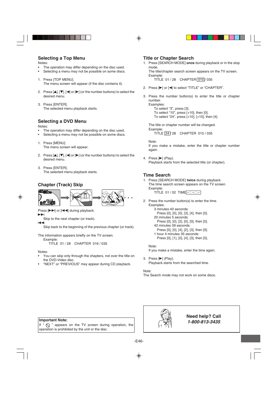 Selecting a top menu, Selecting a dvd menu, Chapter (track) skip title or chapter search | Time search, Need help? call | Sanyo DRW-500 User Manual | Page 47 / 64