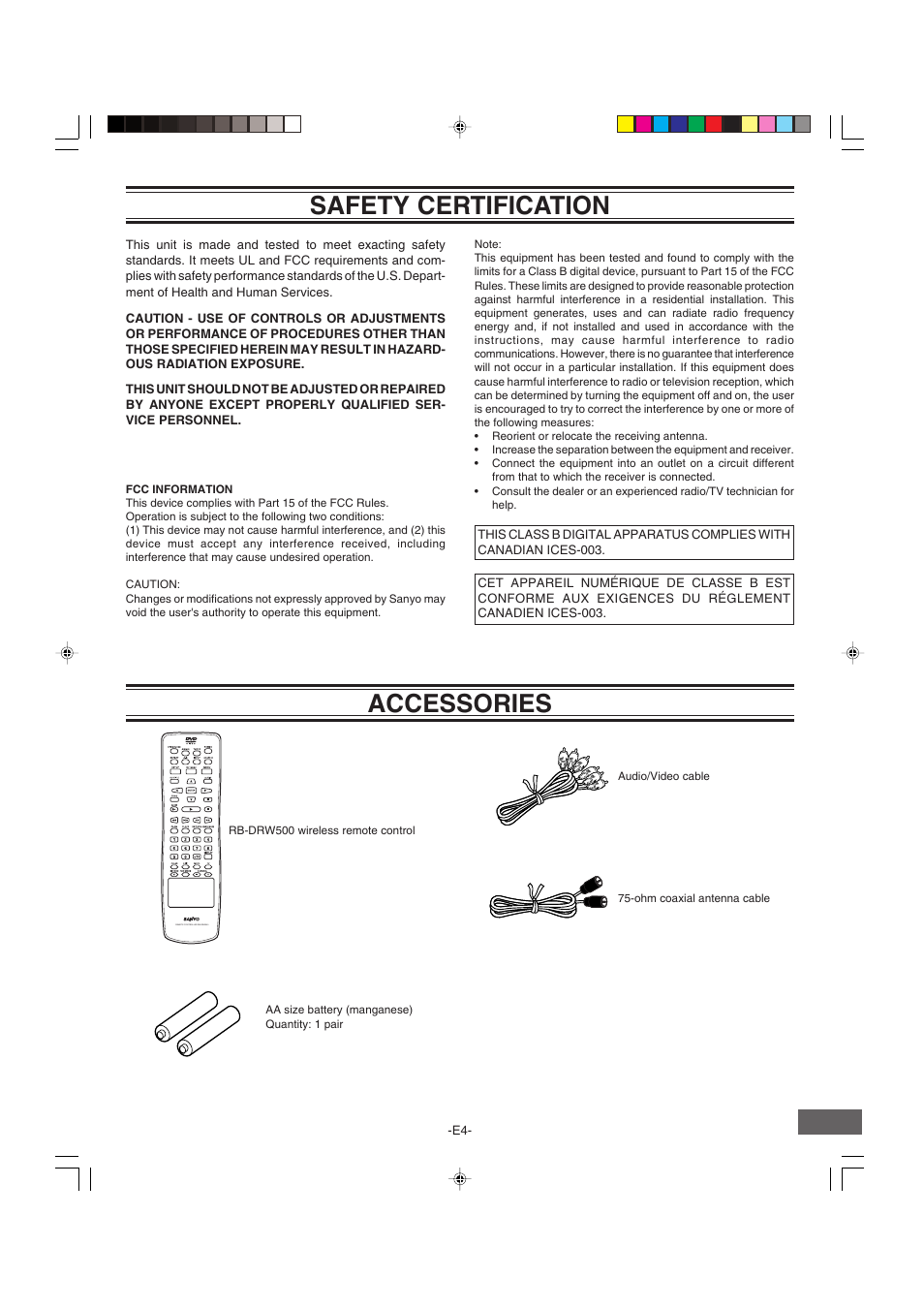 Safety certification, Accessories | Sanyo DRW-500 User Manual | Page 5 / 64