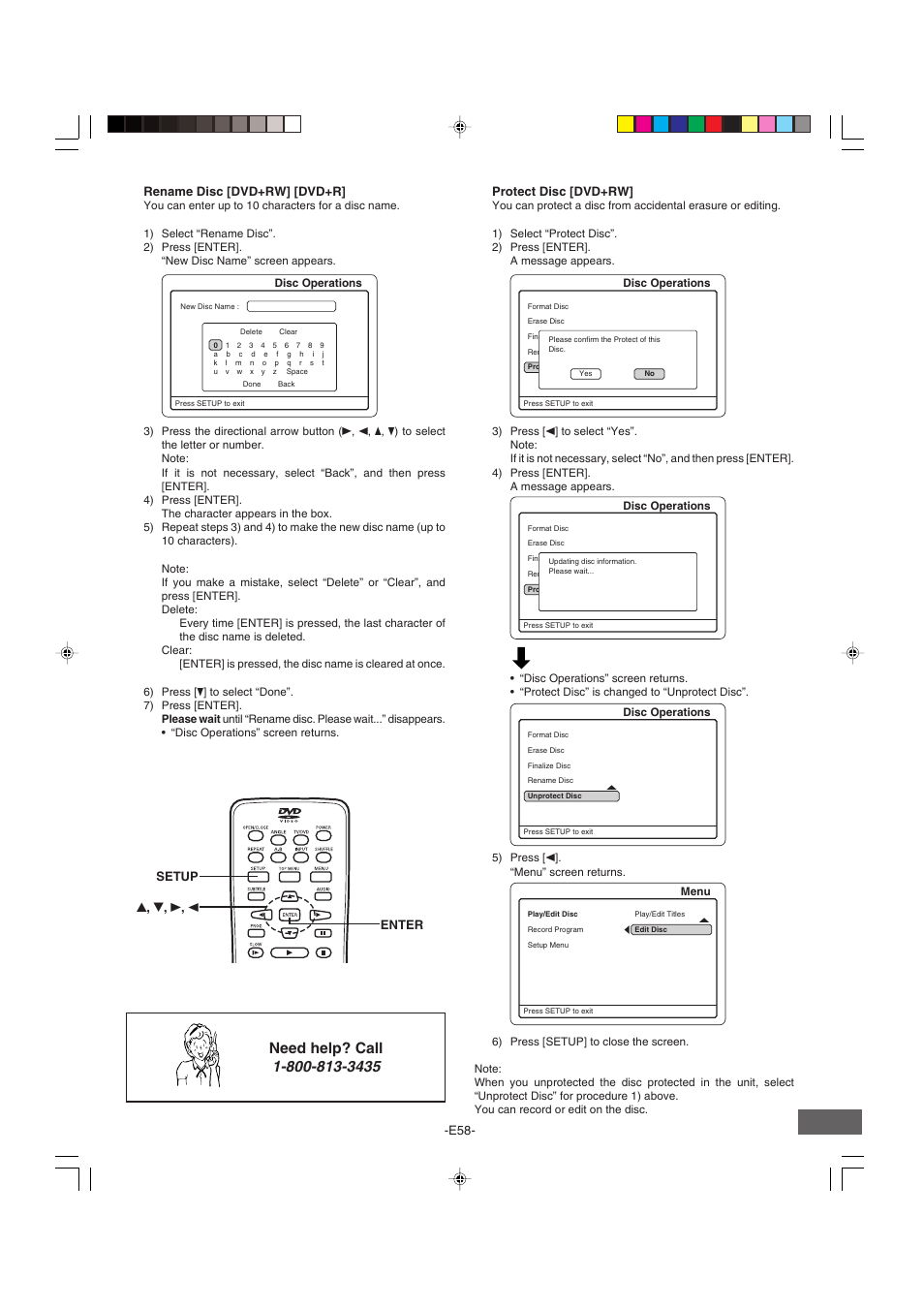 Need help? call, Setup 4 , 5 , a , b enter, Protect disc [dvd+rw | Rename disc [dvd+rw] [dvd+r | Sanyo DRW-500 User Manual | Page 59 / 64