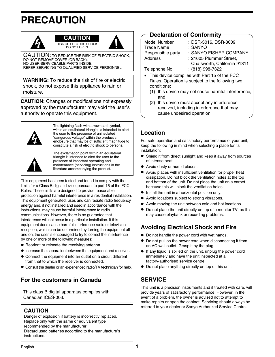 Precaution | Sanyo DSR-3016 User Manual | Page 2 / 96