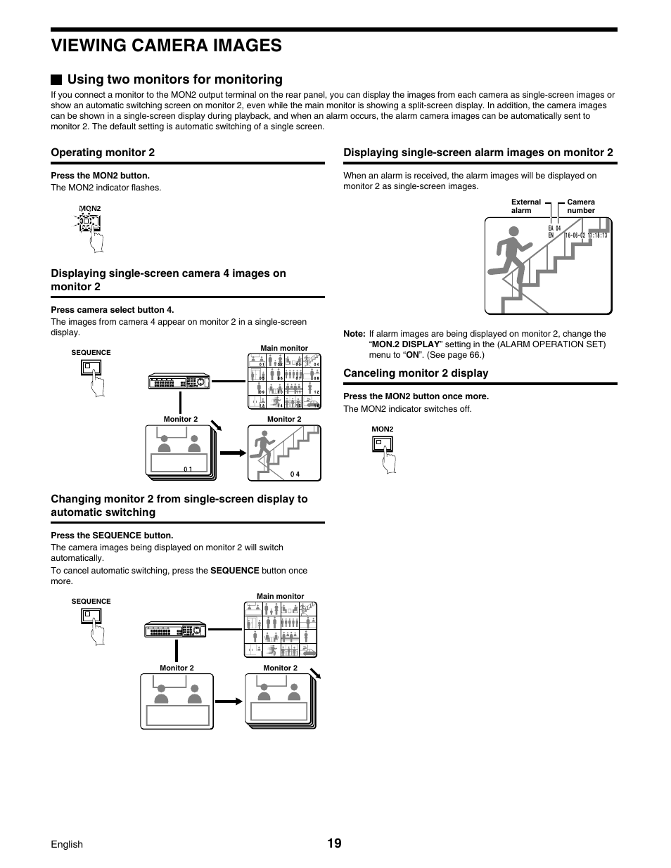 Viewing camera images, Using two monitors for monitoring | Sanyo DSR-3016 User Manual | Page 20 / 96