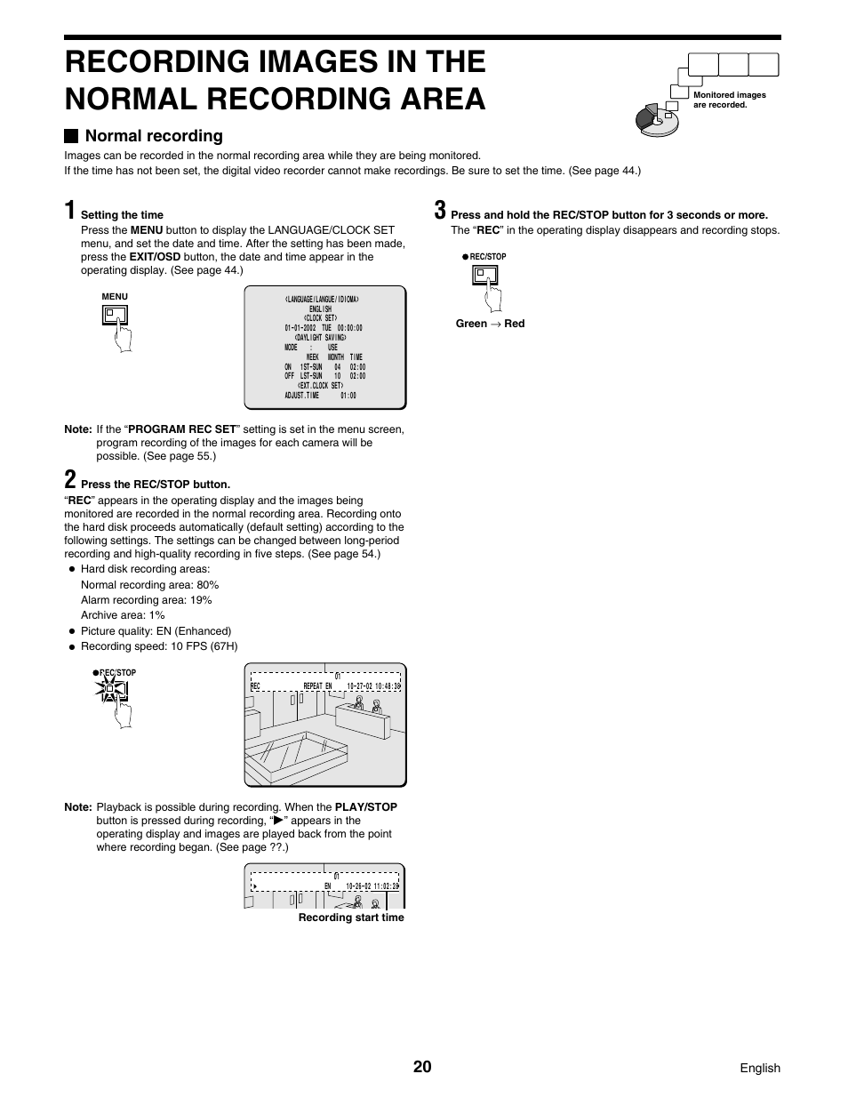 Recording images in the normal recording area, Normal recording | Sanyo DSR-3016 User Manual | Page 21 / 96