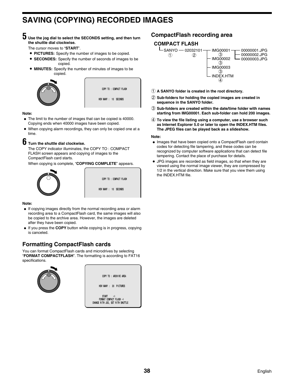 Saving (copying) recorded images, Formatting compactflash cards, Compactflash recording area | Sanyo DSR-3016 User Manual | Page 39 / 96