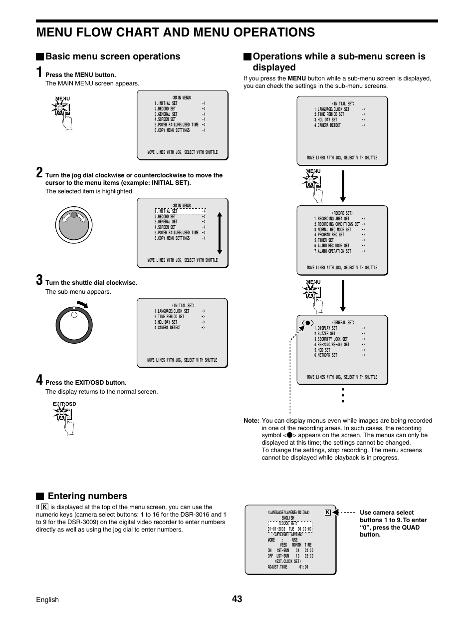 Menu flow chart and menu operations, Basic menu screen operations, Operations while a sub-menu screen is displayed | Entering numbers | Sanyo DSR-3016 User Manual | Page 44 / 96