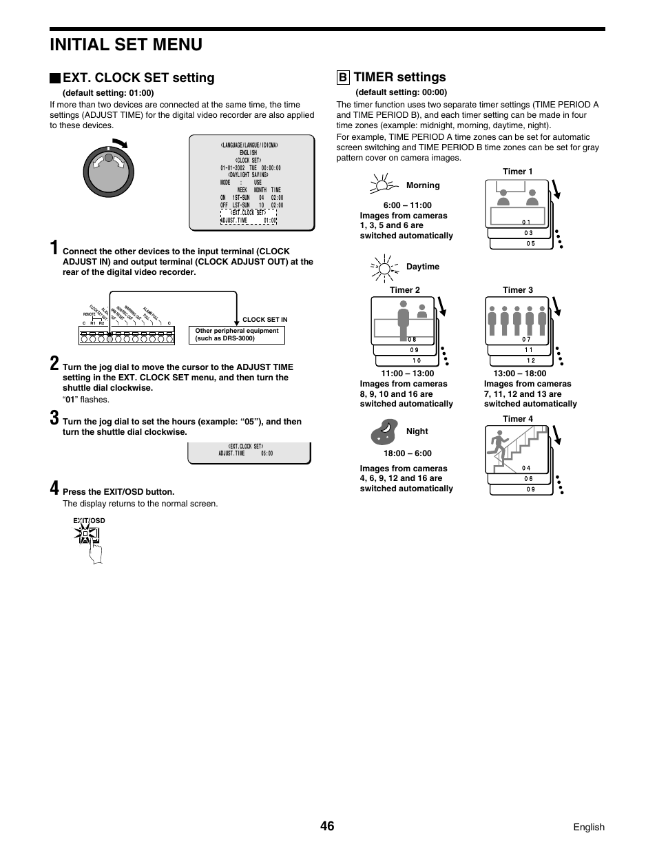 Initial set menu, Ext. clock set setting, Timer settings | Sanyo DSR-3016 User Manual | Page 47 / 96