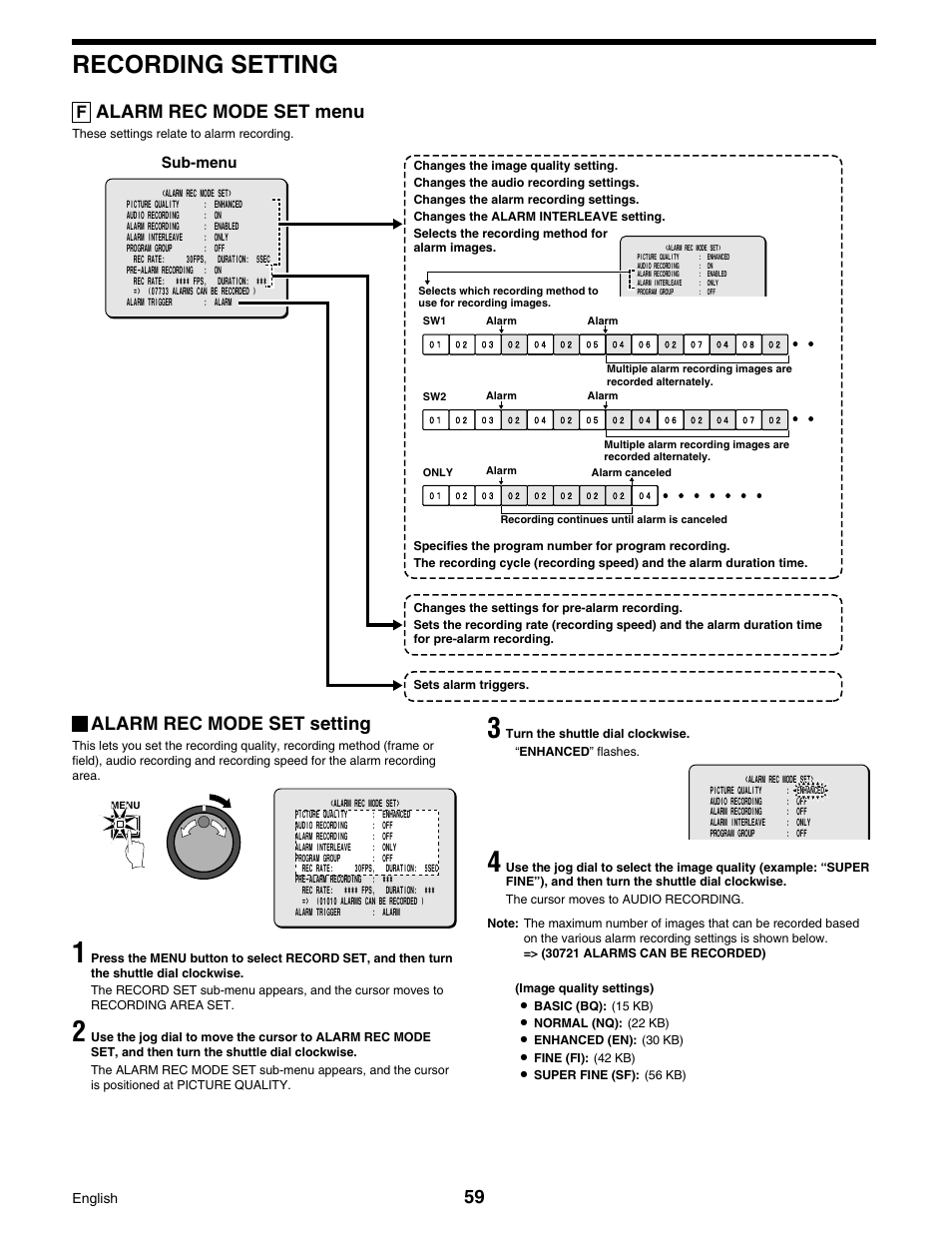 Recording setting, Alarm rec mode set menu, Alarm rec mode set setting | Sanyo DSR-3016 User Manual | Page 60 / 96