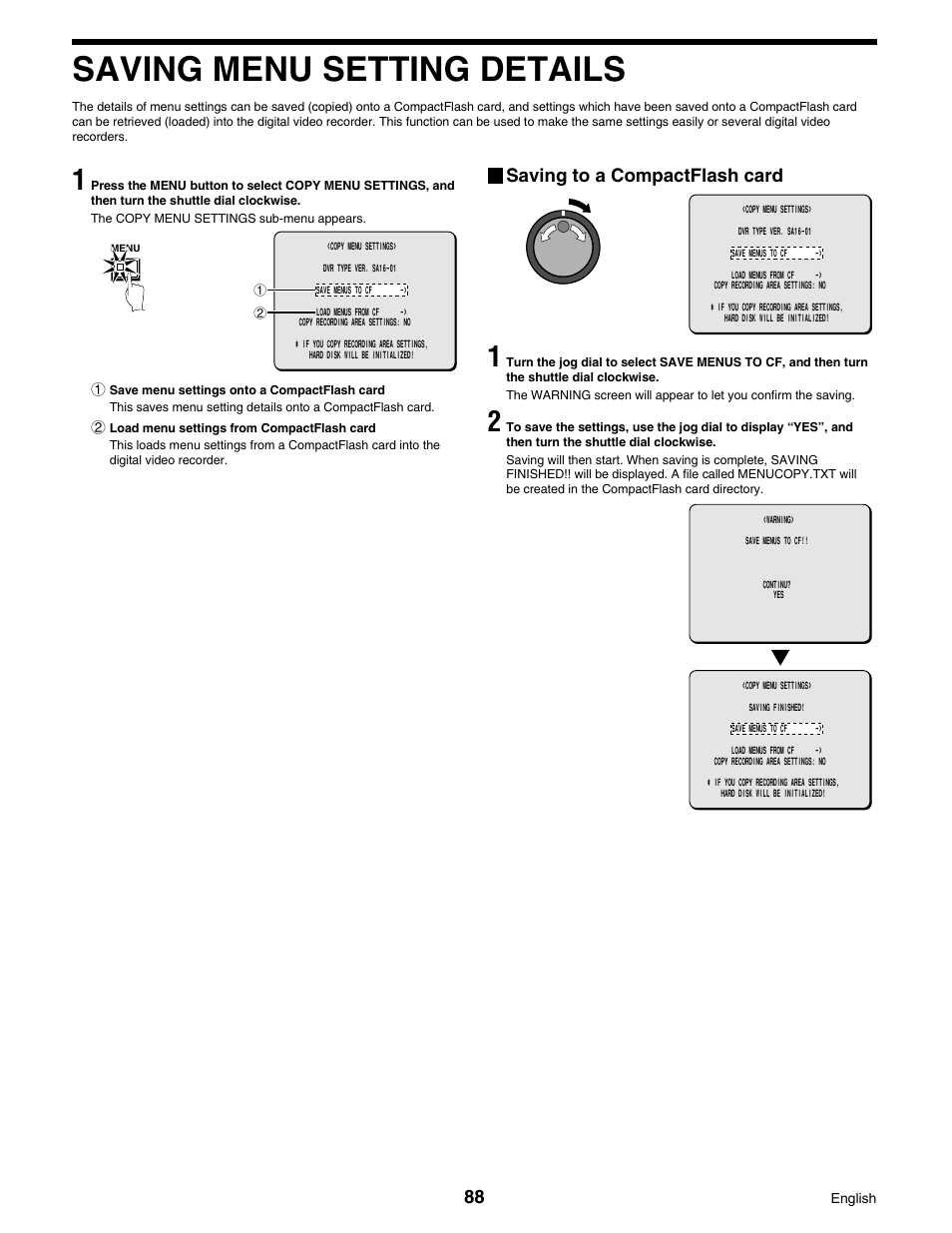 Saving menu setting details, Saving to a compactflash card | Sanyo DSR-3016 User Manual | Page 89 / 96