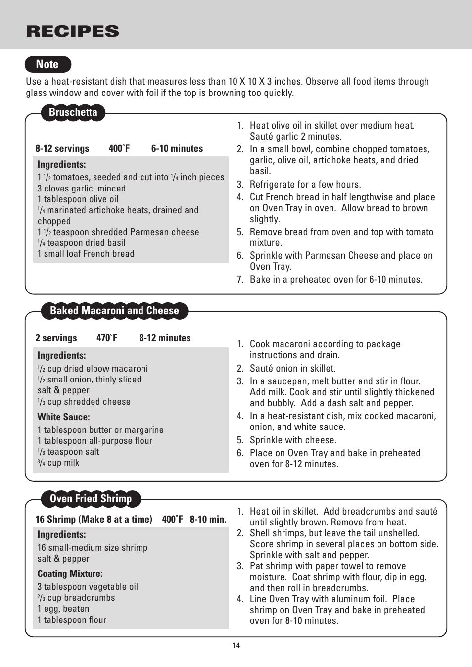 Recipes, Bruschetta, Baked macaroni and cheese | Oven fried shrimp | Sanyo SK-VF7S User Manual | Page 14 / 32