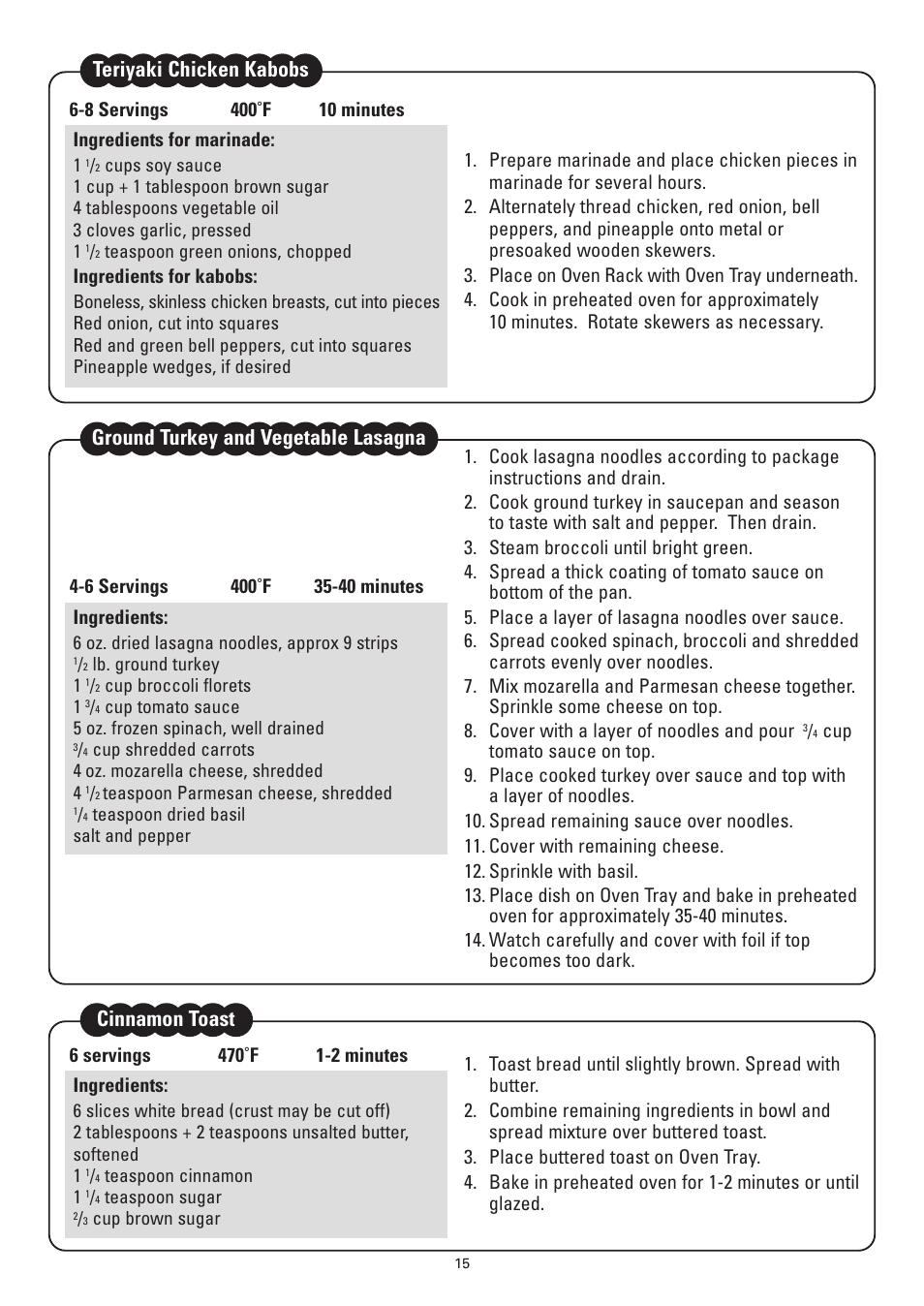 Teriyaki chicken kabobs, Cinnamon toast, Ground turkey and vegetable lasagna | Sanyo SK-VF7S User Manual | Page 15 / 32