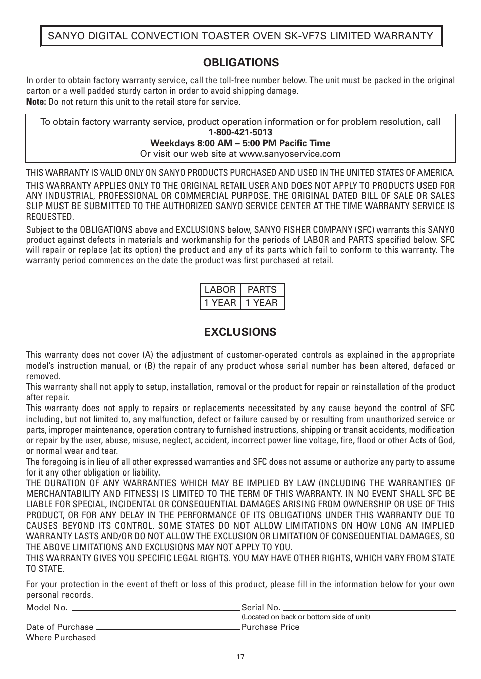 Obligations exclusions | Sanyo SK-VF7S User Manual | Page 17 / 32