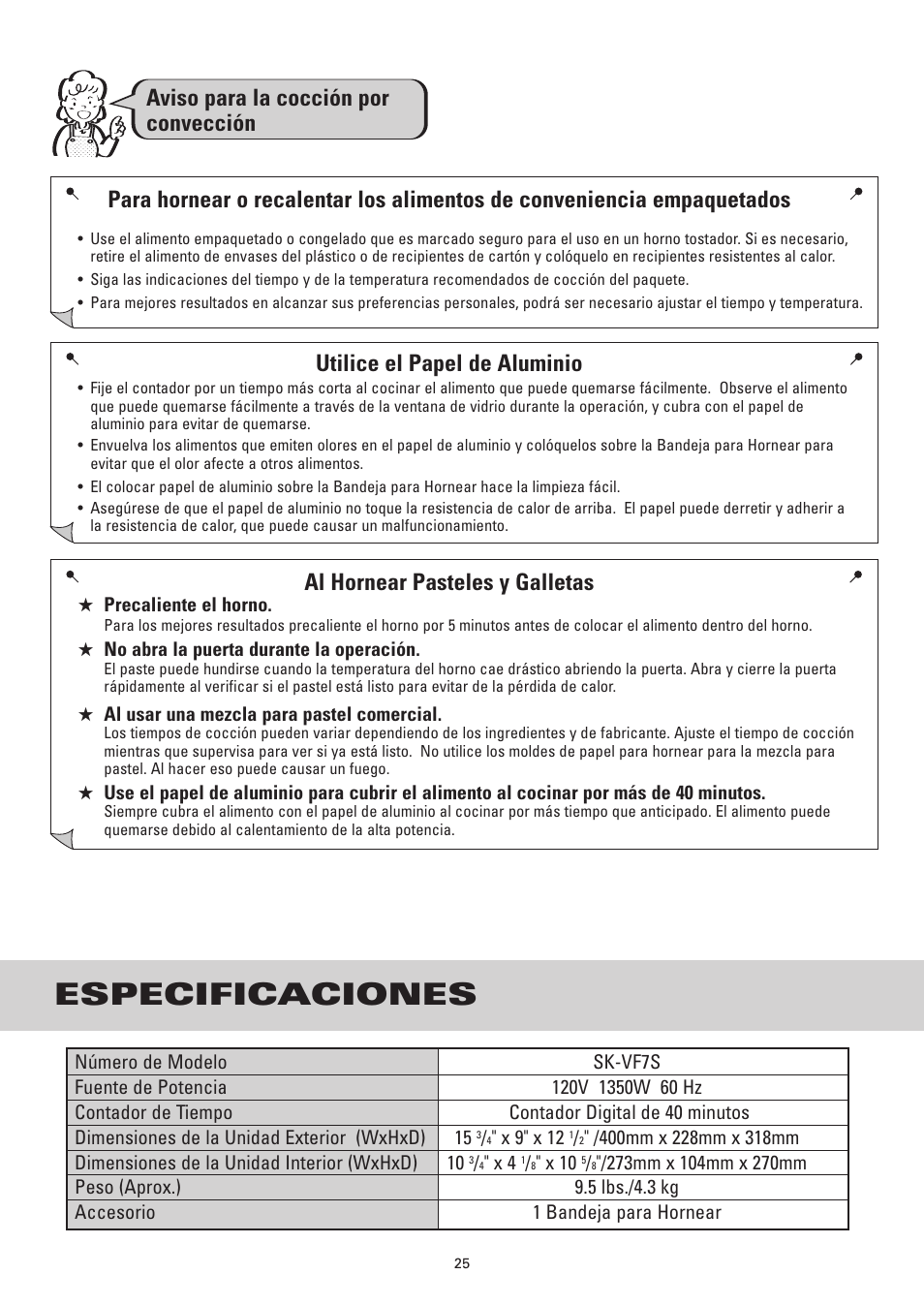 Especificaciones, Utilice el papel de aluminio, Al hornear pasteles y galletas | Aviso para la cocción por convección | Sanyo SK-VF7S User Manual | Page 25 / 32