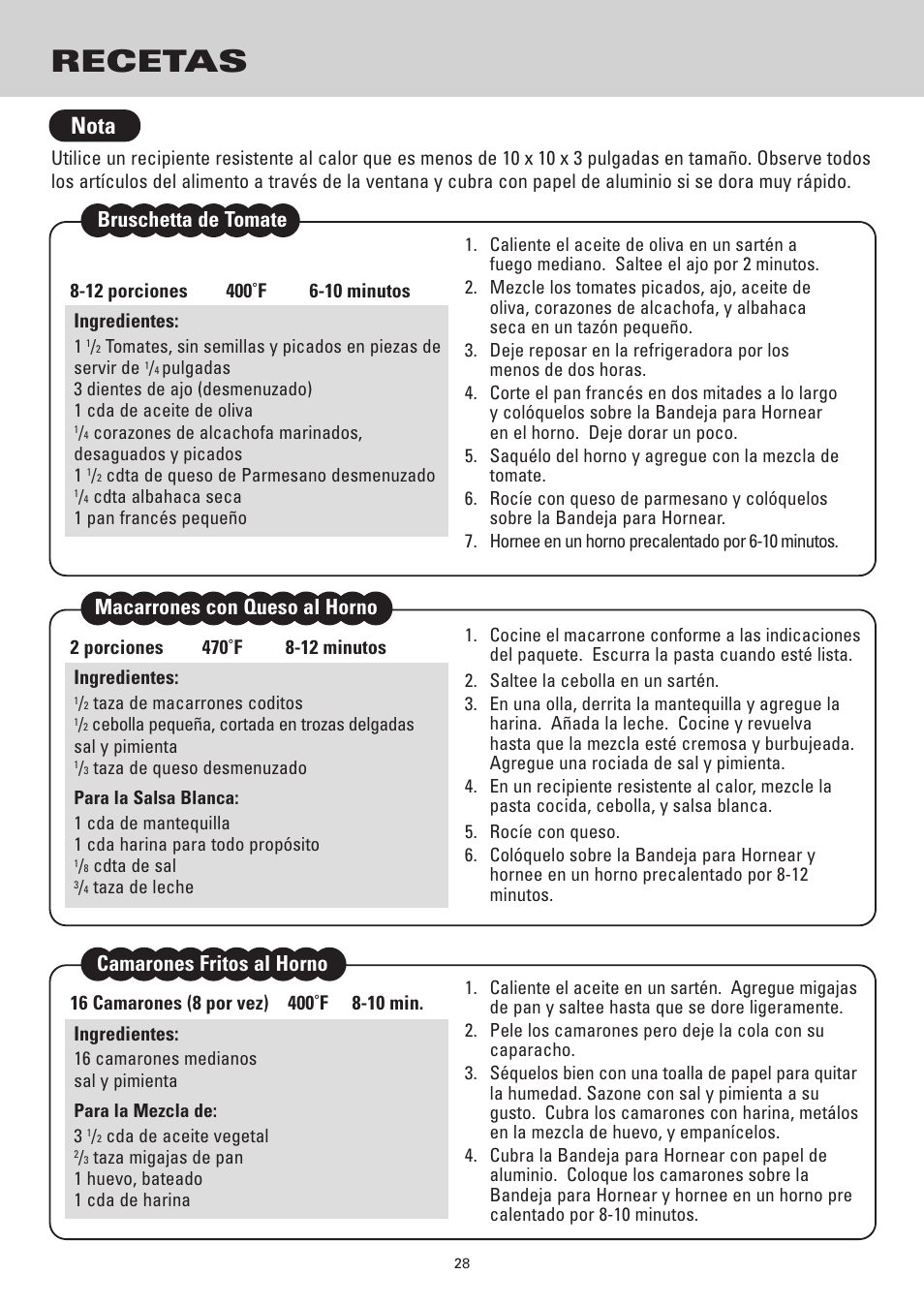 Recetas, Nota, Bruschetta de tomate | Macarrones con queso al horno, Camarones fritos al horno | Sanyo SK-VF7S User Manual | Page 28 / 32