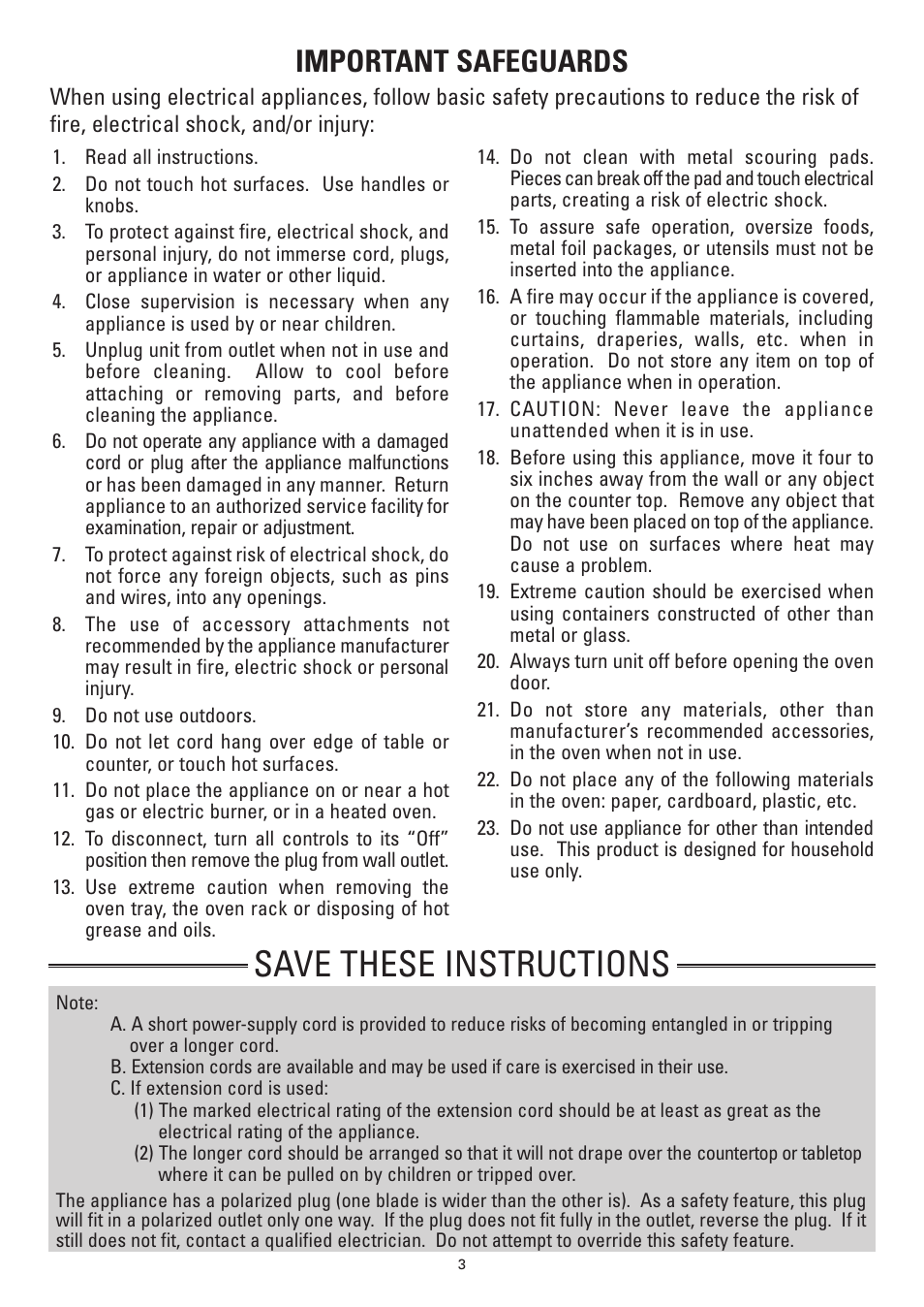 Save these instructions, Important safeguards | Sanyo SK-VF7S User Manual | Page 3 / 32