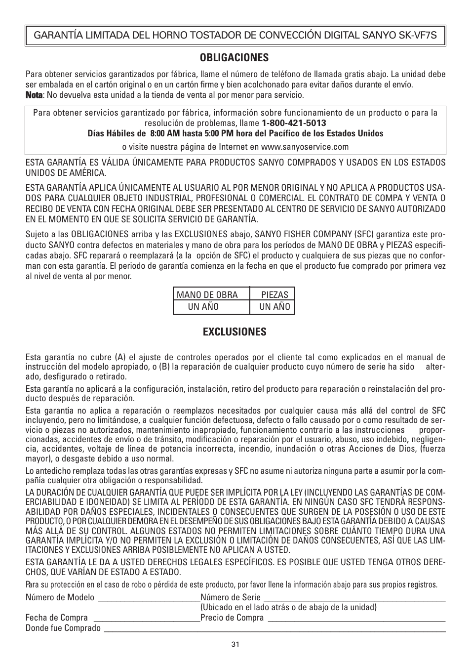 Obligaciones exclusiones | Sanyo SK-VF7S User Manual | Page 31 / 32