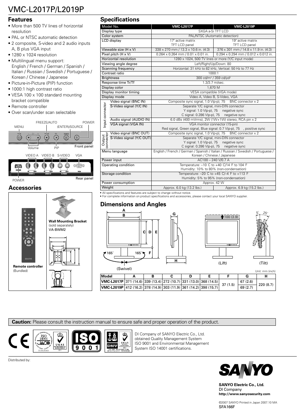 Dimensions and angles, Features specifications accessories | Sanyo VMC-L2019P User Manual | Page 2 / 2