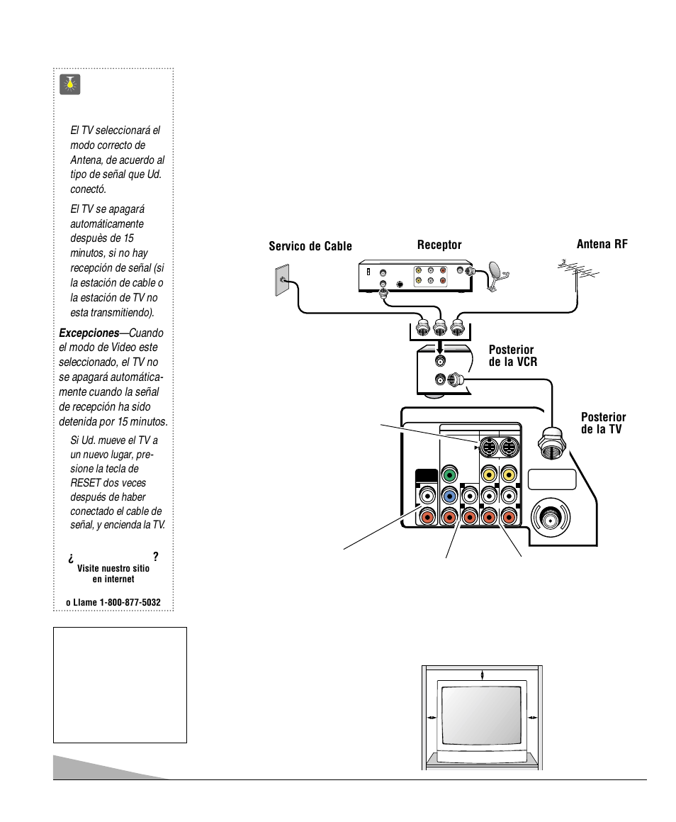 Ajustes básicos y conexiónes, Consejos rápidos, Colocando la tv | Necesita ayuda, Servico de cable, Receptor, Posterior de la tv, Antena rf, Posterior de la vcr, Vea página 30 | Sanyo DS32830H User Manual | Page 28 / 68