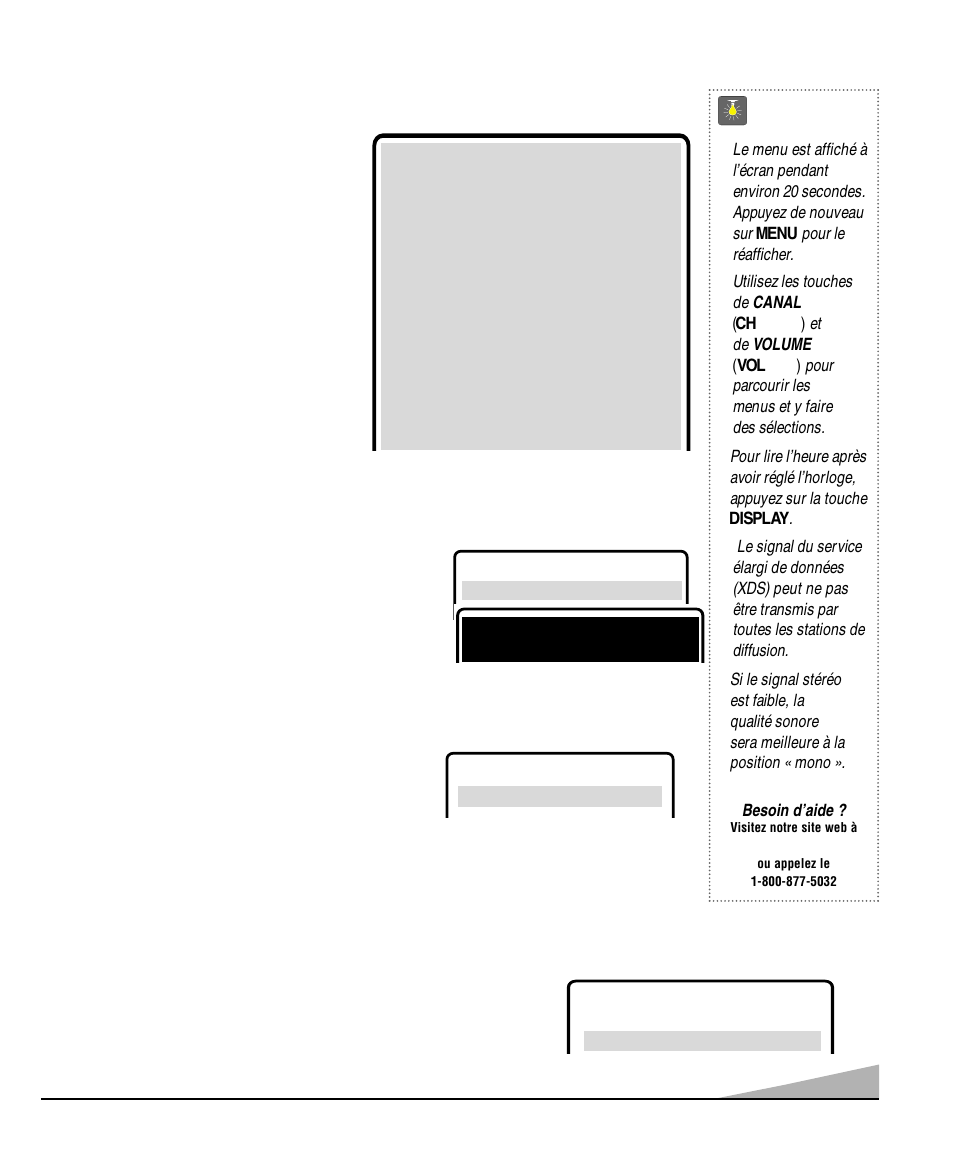 Réglage et mise en place du télécouleur, Conseils, Utilisation du menu à l’écran | Réglage de l’horloge, Réglage du mode audio | Sanyo DS32830H User Manual | Page 59 / 68
