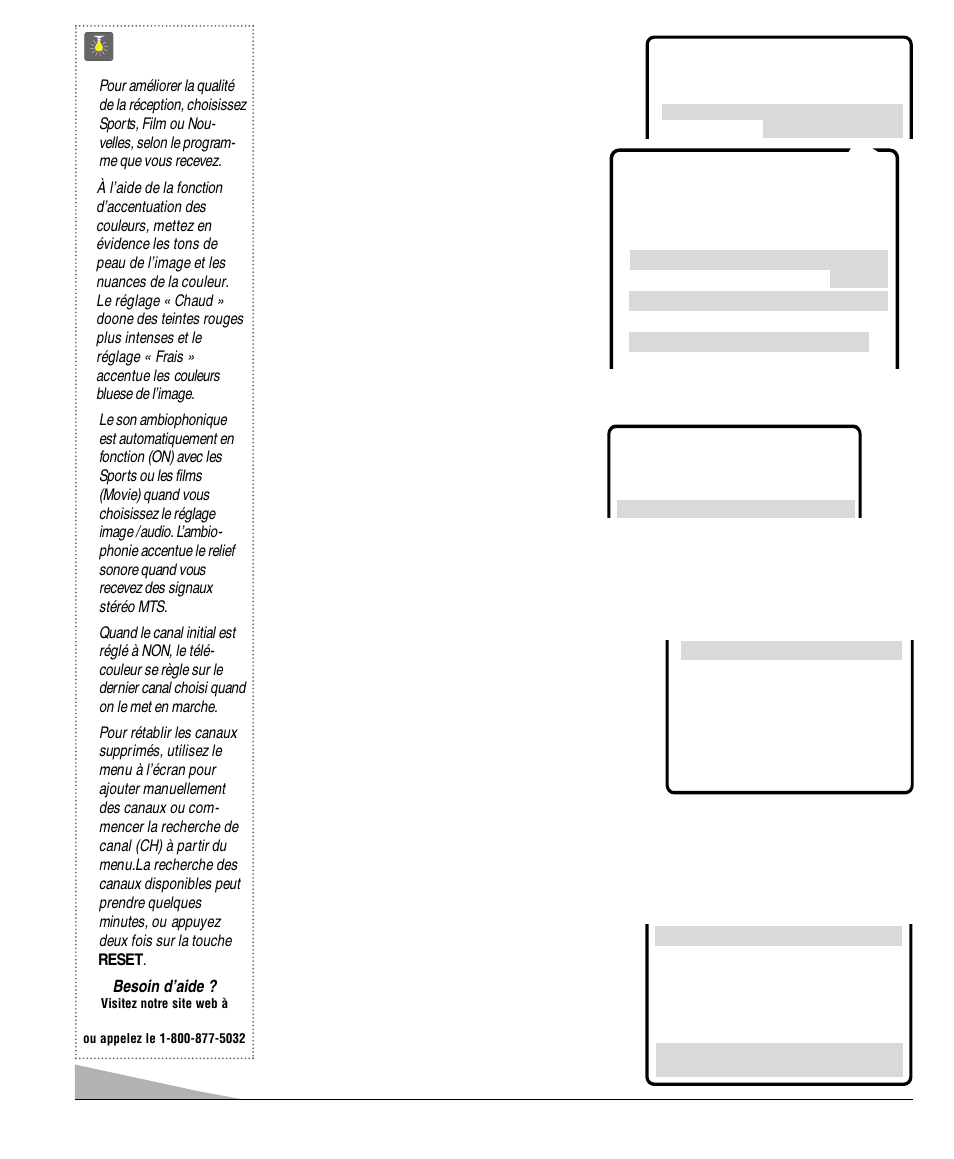 Conseils, Réglage de l'image/son, Réglage du canal initial | Ajout ou élimination de canaux, Besoin d’aide | Sanyo DS32830H User Manual | Page 60 / 68