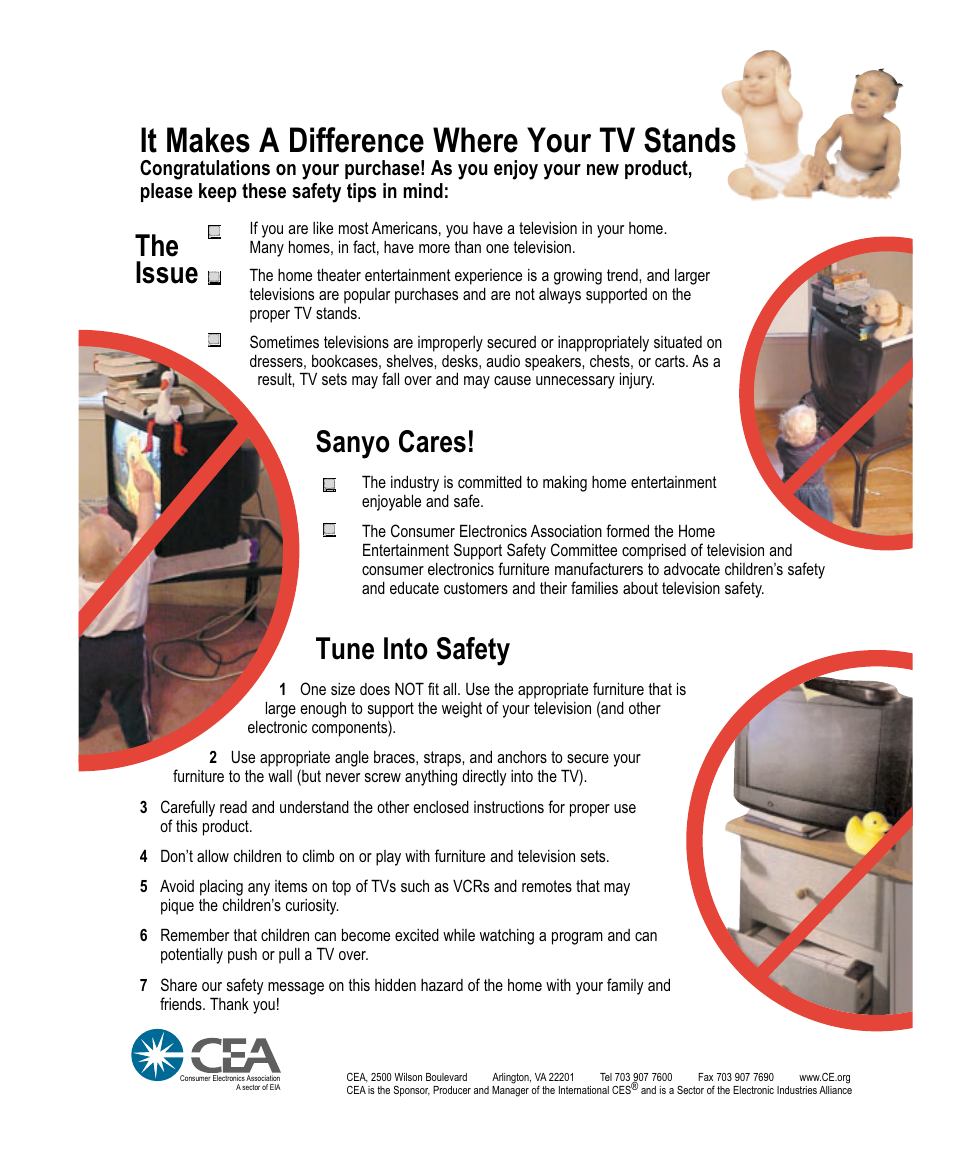 Child safety, It makes a difference where your tv stands, The issue | Sanyo cares, Tune into safety | Sanyo DS32830H User Manual | Page 68 / 68
