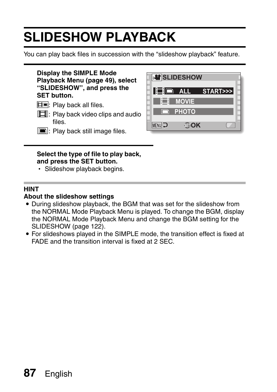 Slideshow playback | Sanyo VPC-HD1000 User Manual | Page 102 / 243