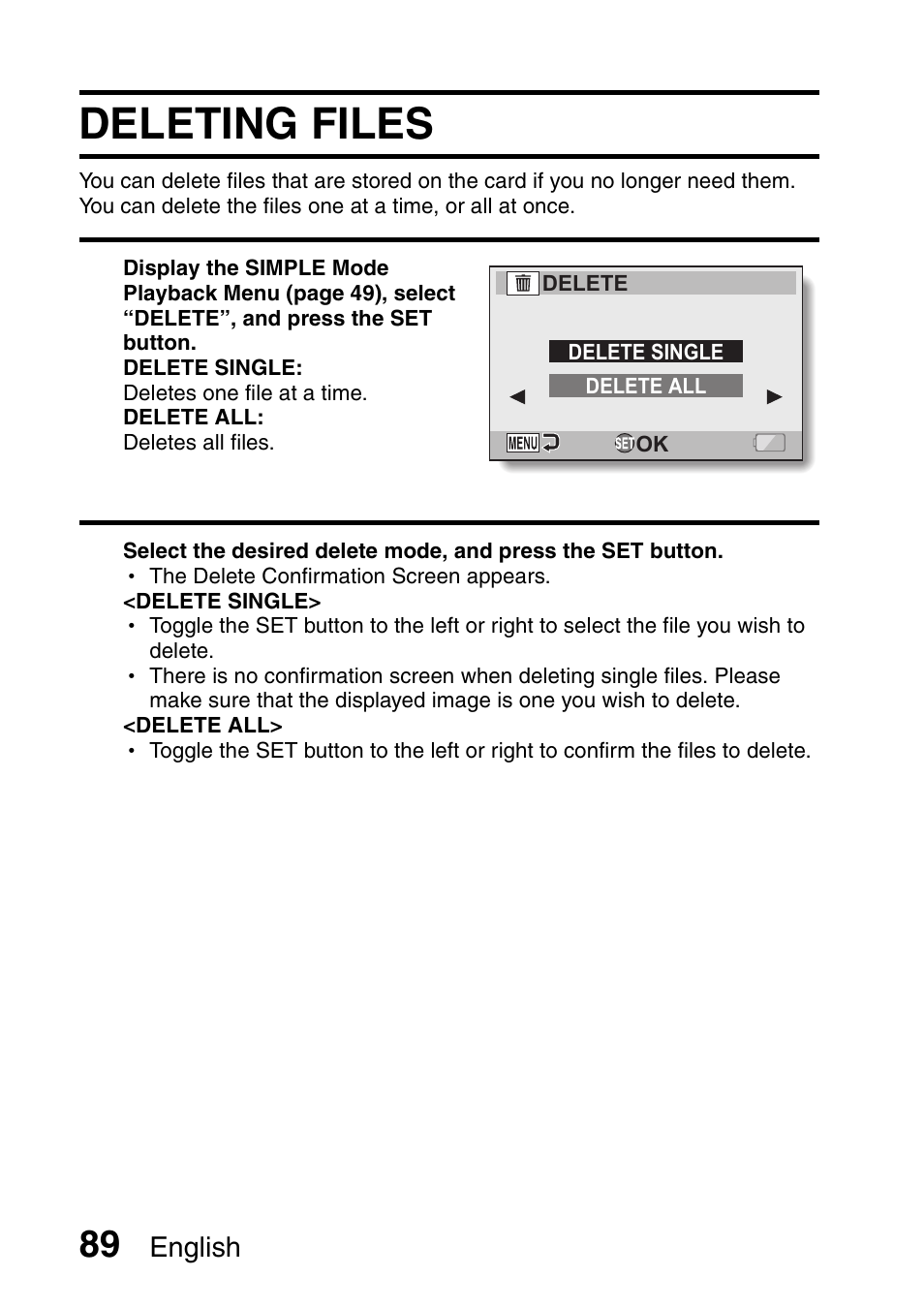 Deleting files | Sanyo VPC-HD1000 User Manual | Page 104 / 243