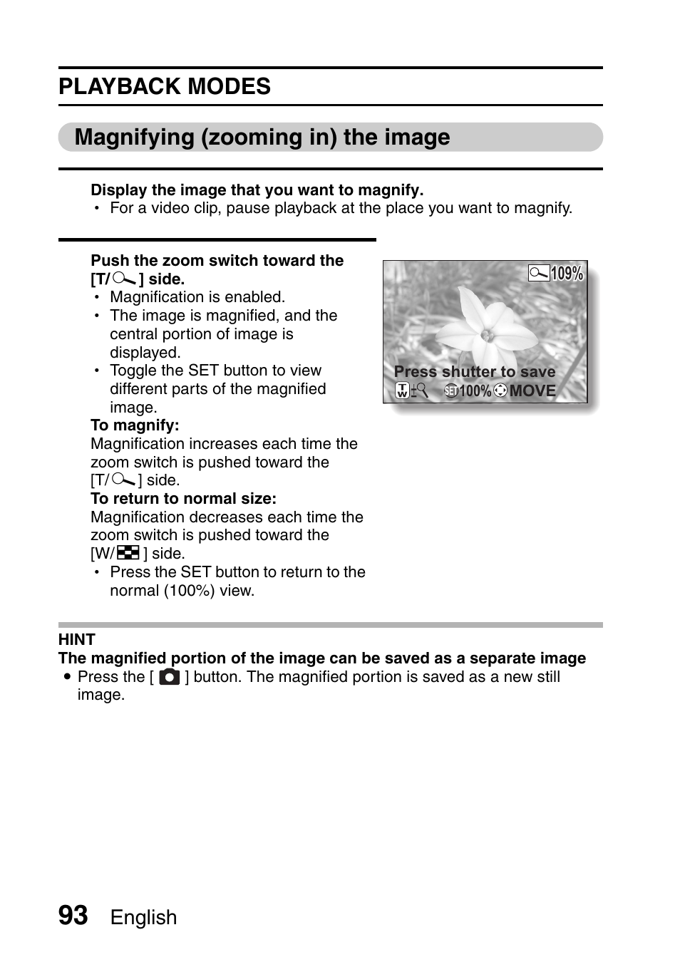 Playback modes magnifying (zooming in) the image | Sanyo VPC-HD1000 User Manual | Page 108 / 243