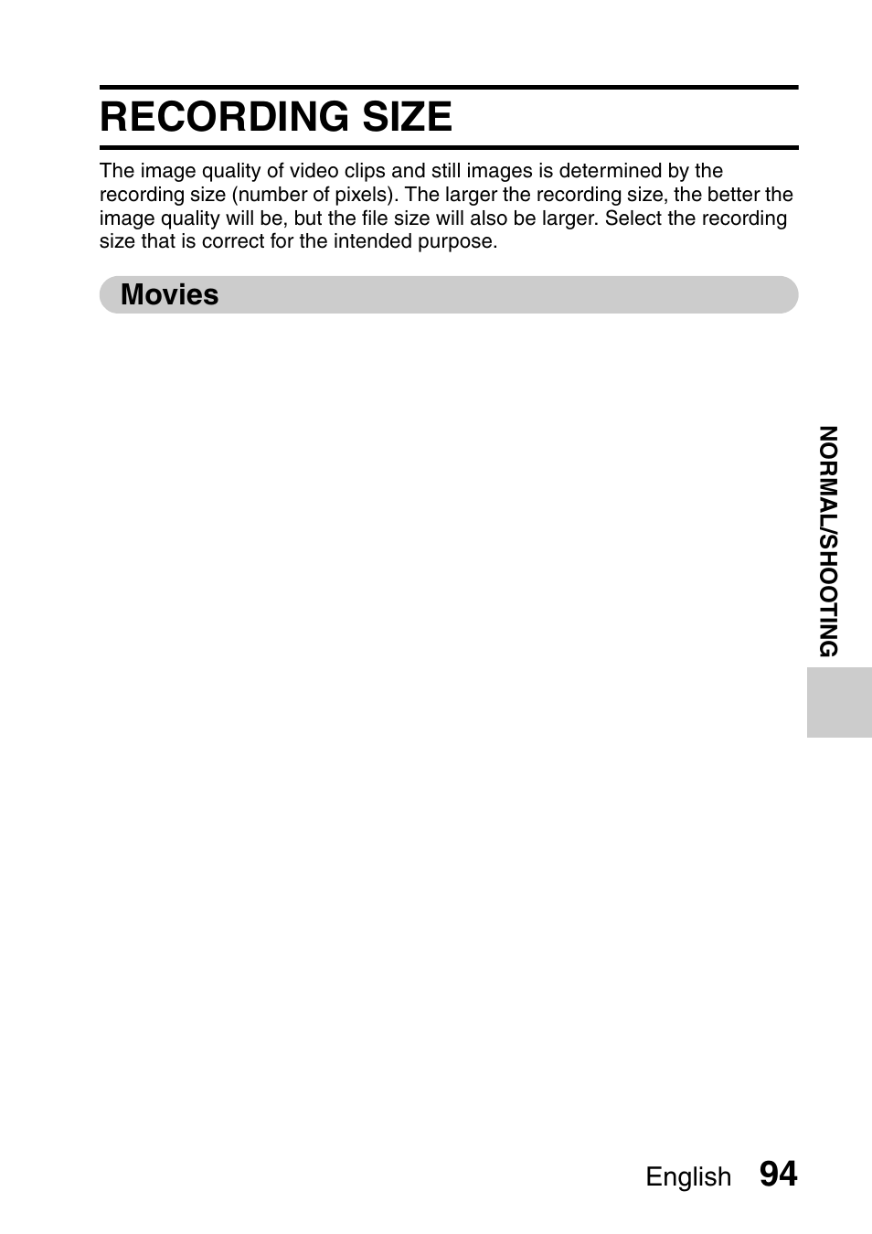 Recording size, Movies | Sanyo VPC-HD1000 User Manual | Page 109 / 243