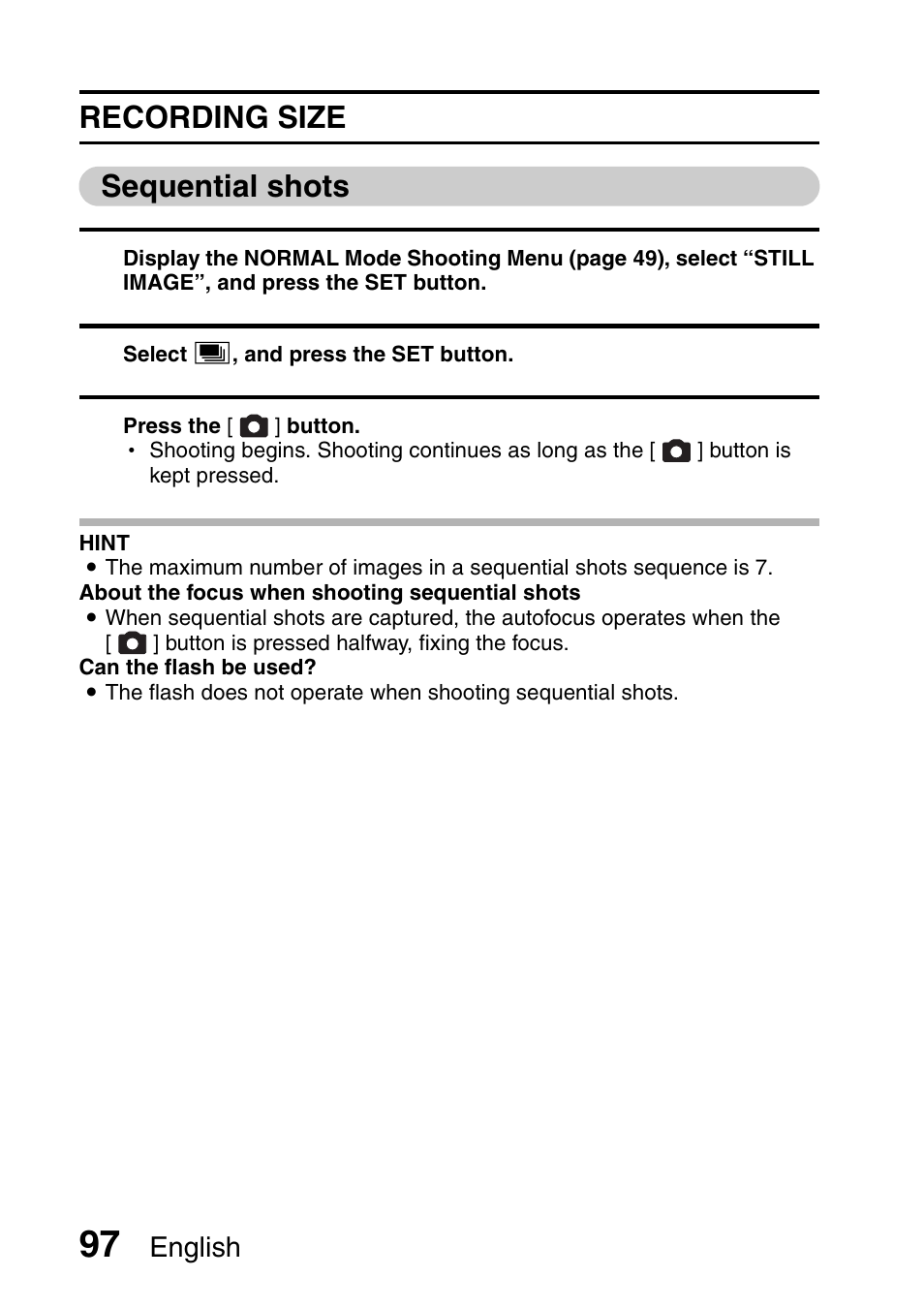 Recording size sequential shots | Sanyo VPC-HD1000 User Manual | Page 112 / 243