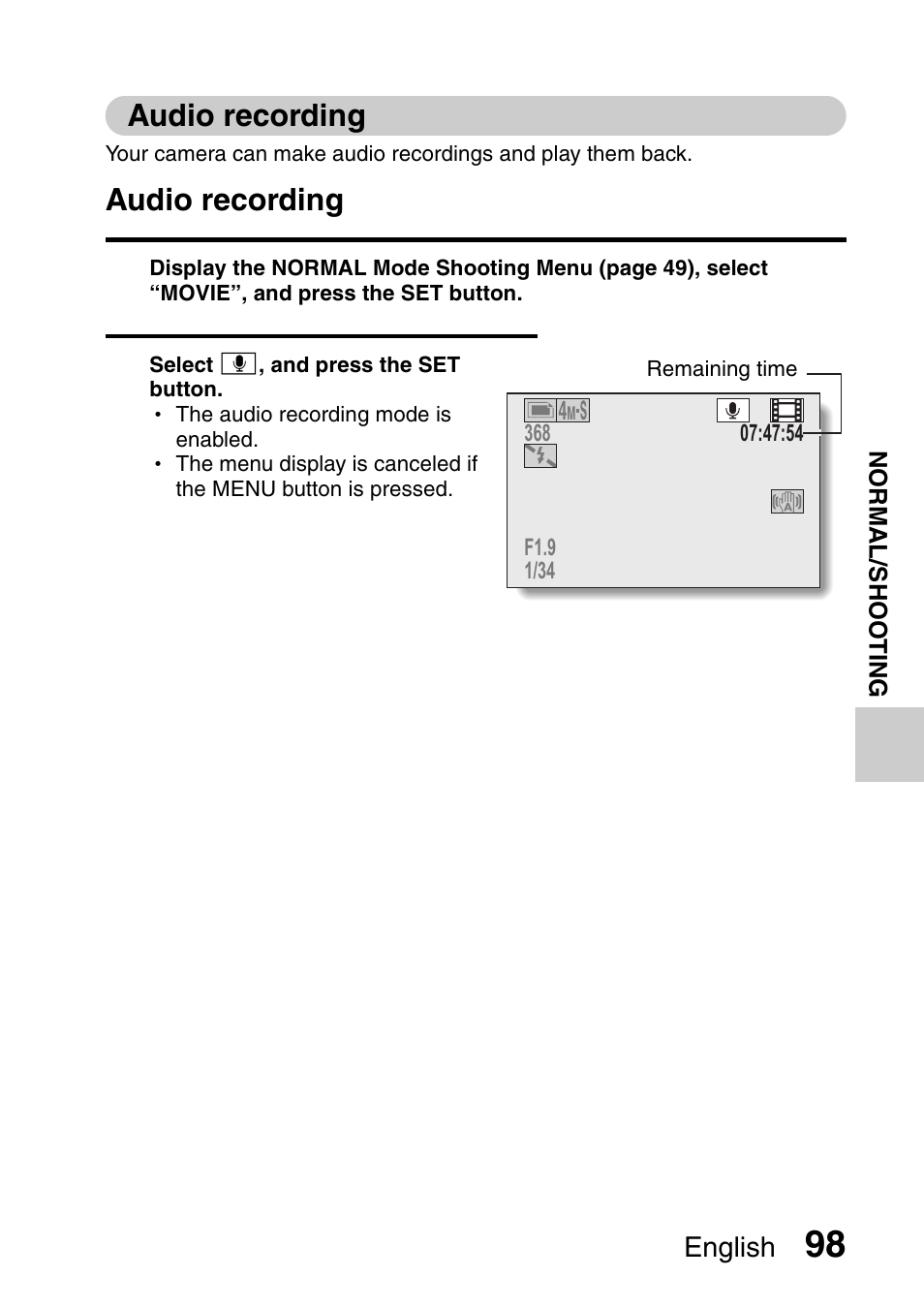 Audio recording | Sanyo VPC-HD1000 User Manual | Page 113 / 243