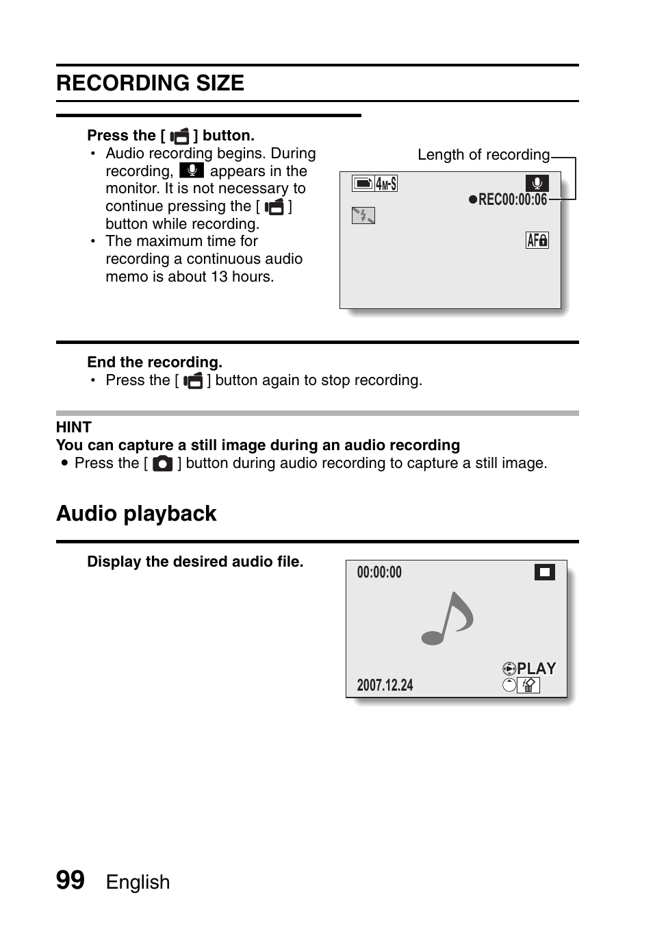 Recording size, Audio playback | Sanyo VPC-HD1000 User Manual | Page 114 / 243