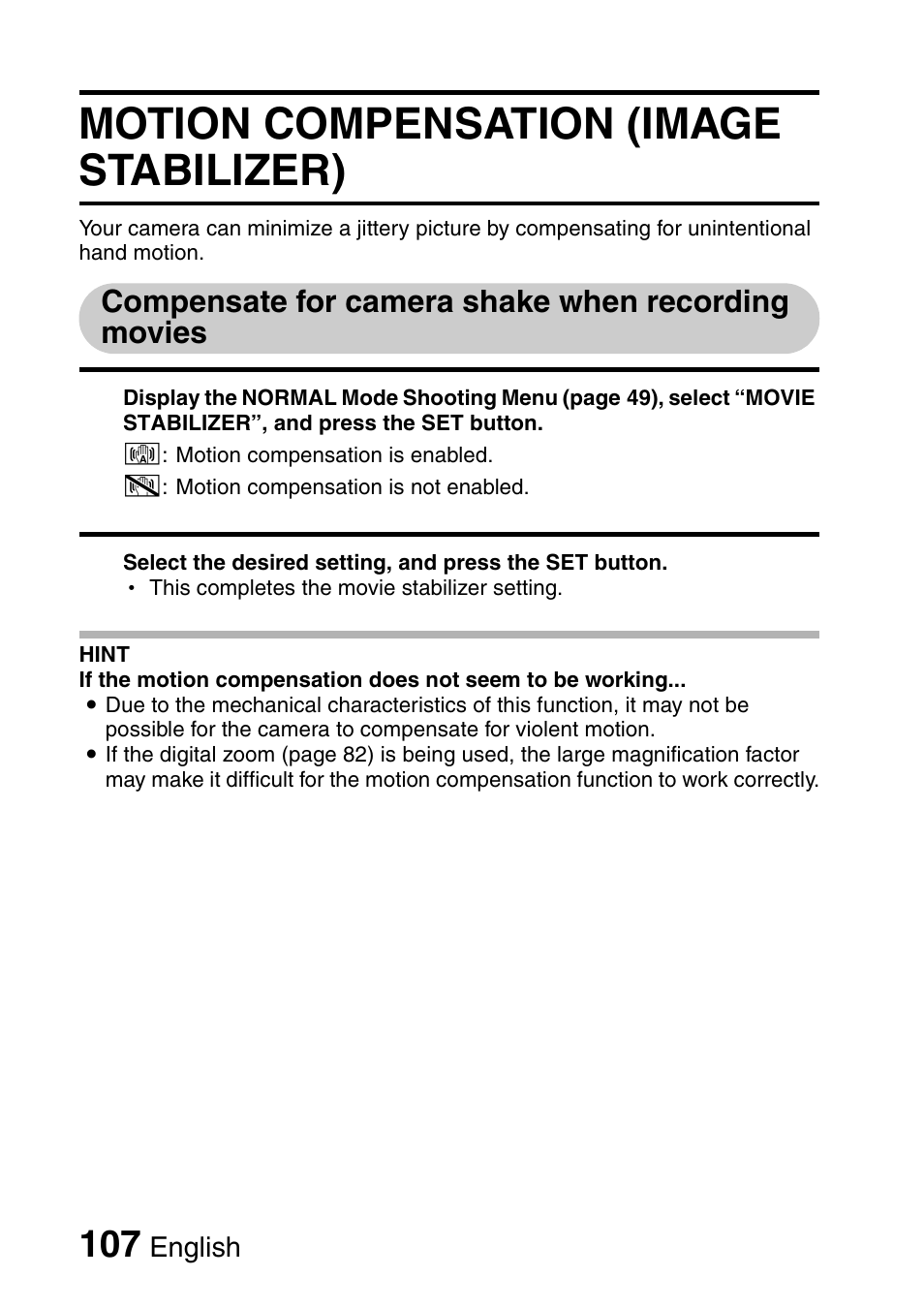 Motion compensation (image stabilizer) | Sanyo VPC-HD1000 User Manual | Page 122 / 243