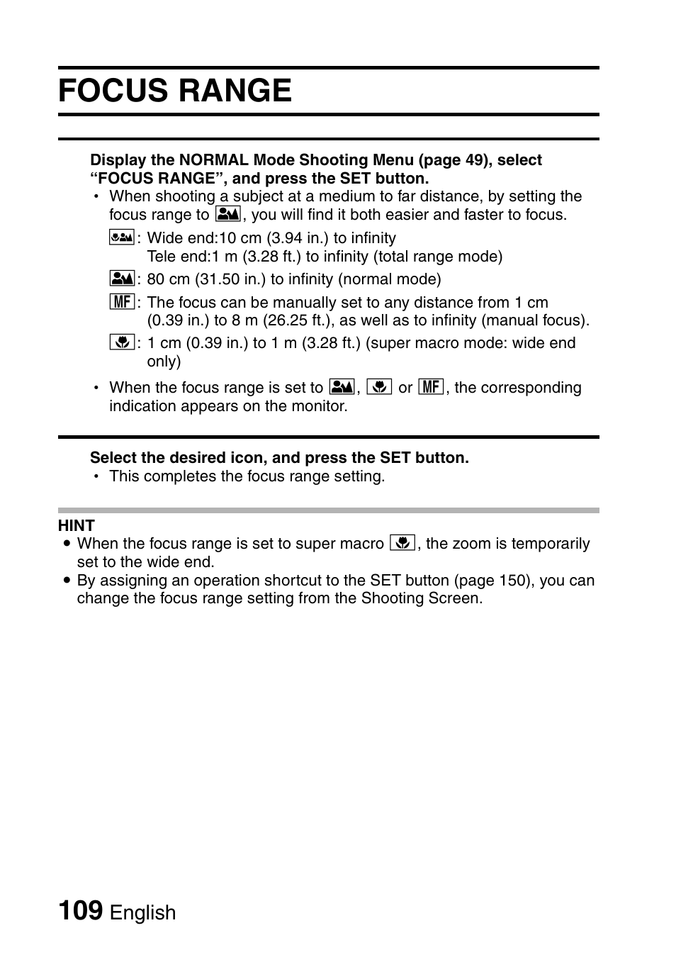 Focus range | Sanyo VPC-HD1000 User Manual | Page 124 / 243