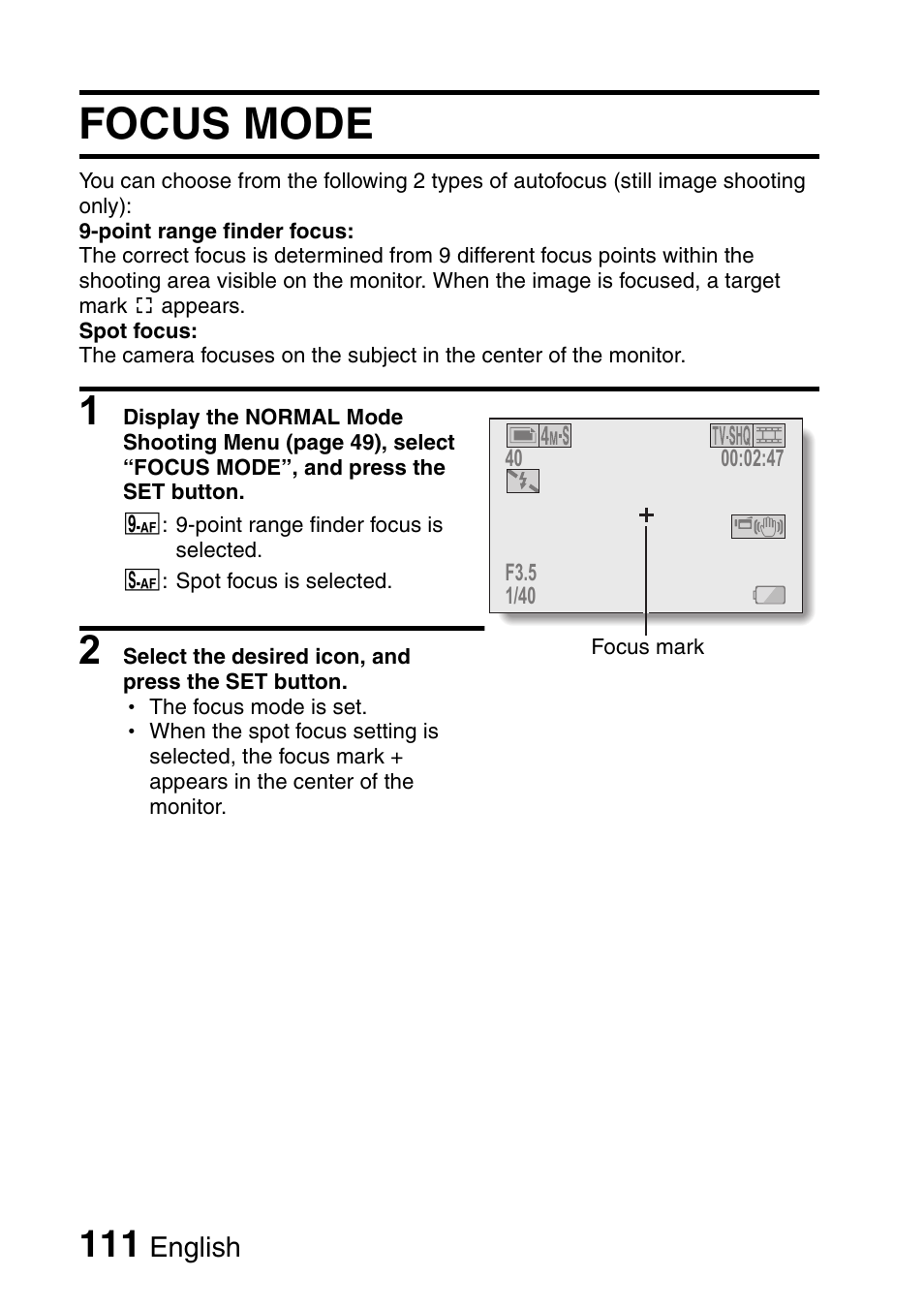 Focus mode | Sanyo VPC-HD1000 User Manual | Page 126 / 243