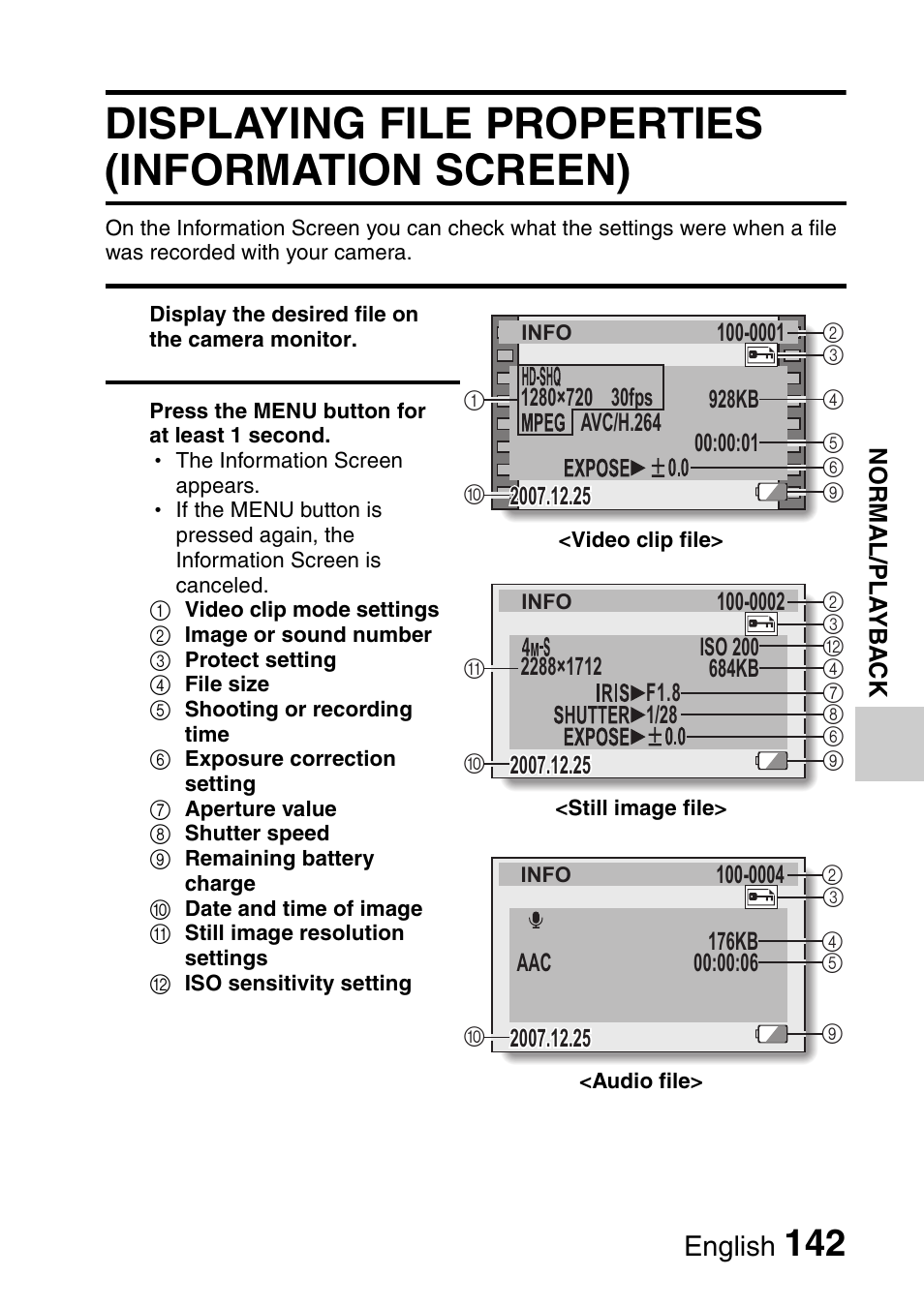 Displaying file properties (information screen), English | Sanyo VPC-HD1000 User Manual | Page 157 / 243