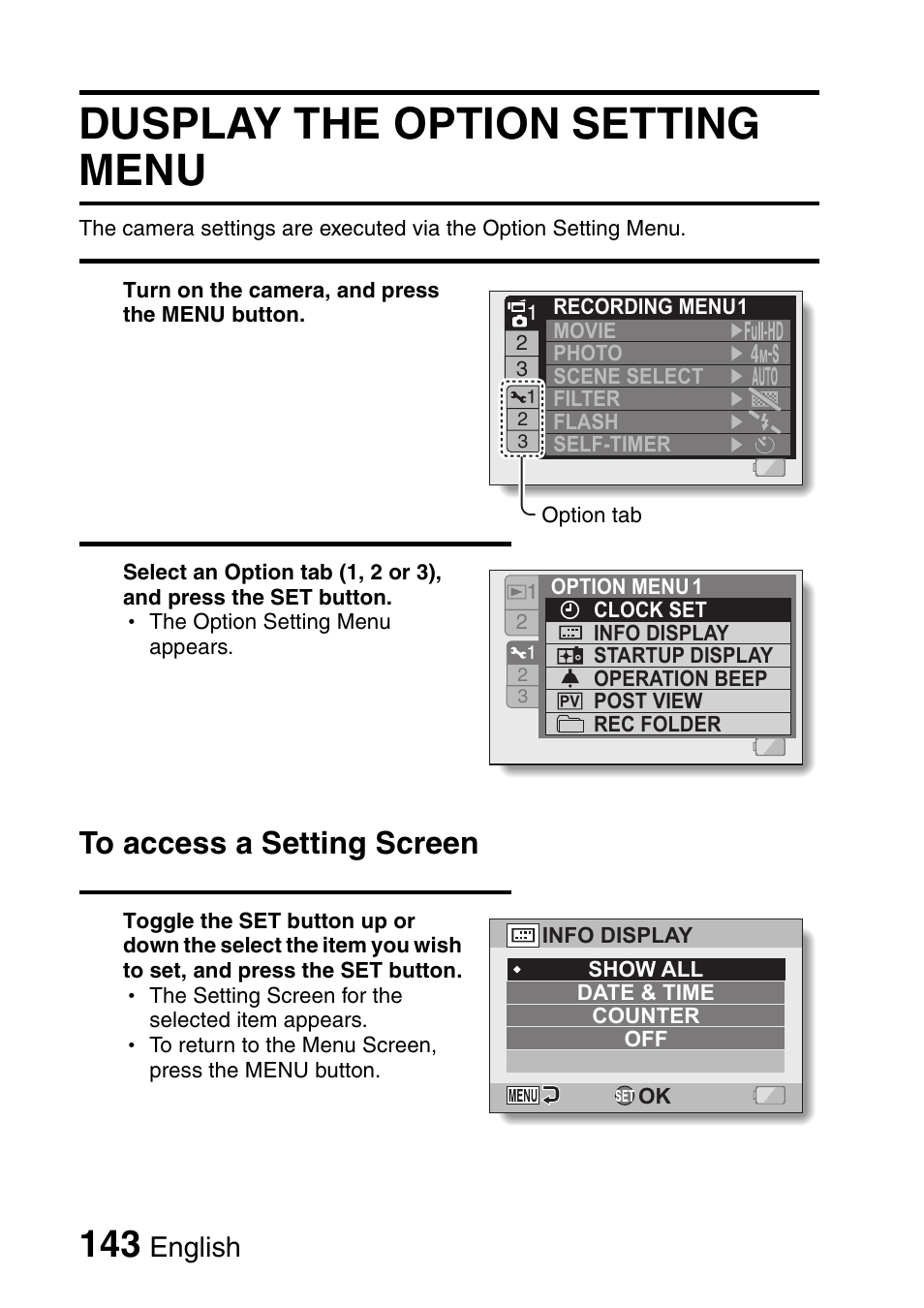 Dusplay the option setting menu, English | Sanyo VPC-HD1000 User Manual | Page 158 / 243