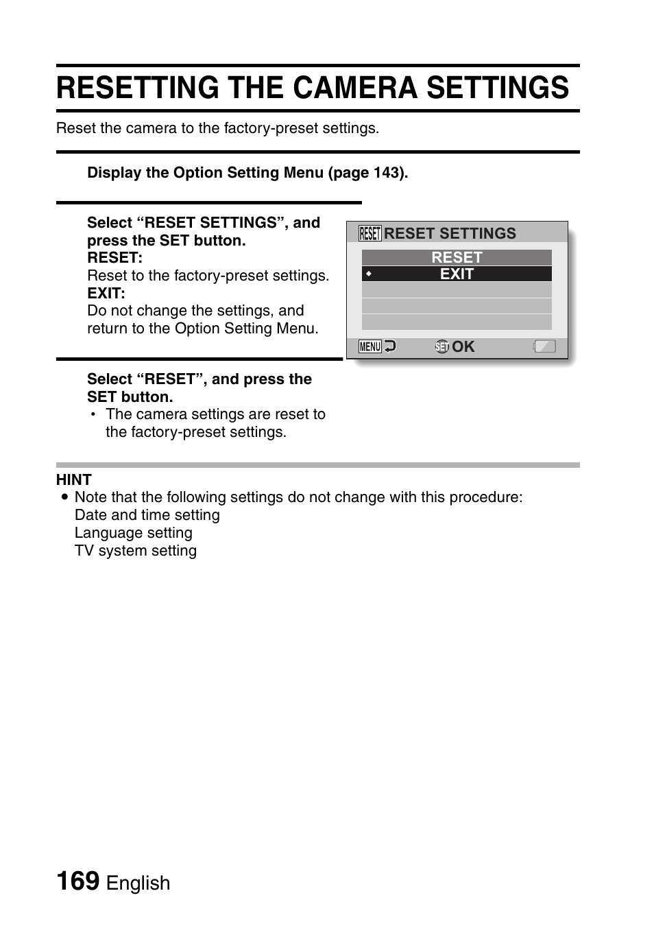 Resetting the camera settings | Sanyo VPC-HD1000 User Manual | Page 184 / 243