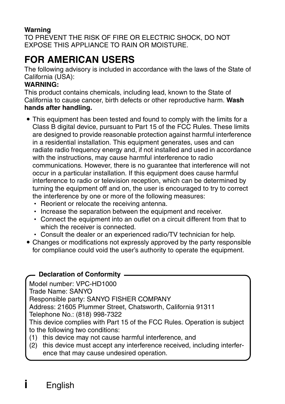 For american users, English | Sanyo VPC-HD1000 User Manual | Page 2 / 243