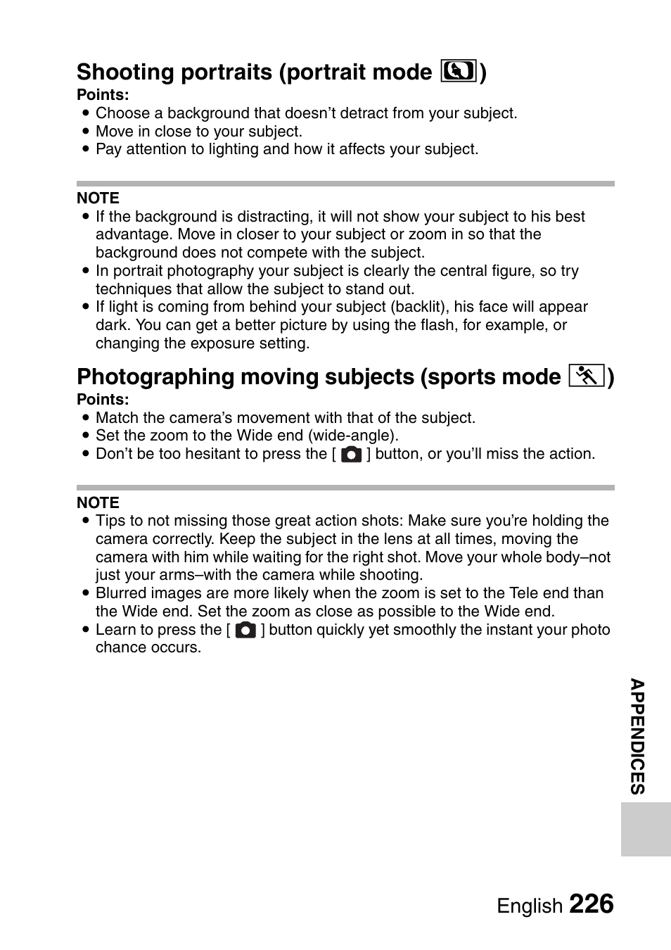 Shooting portraits (portrait mode > ), Photographing moving subjects (sports mode a ), English | Sanyo VPC-HD1000 User Manual | Page 241 / 243