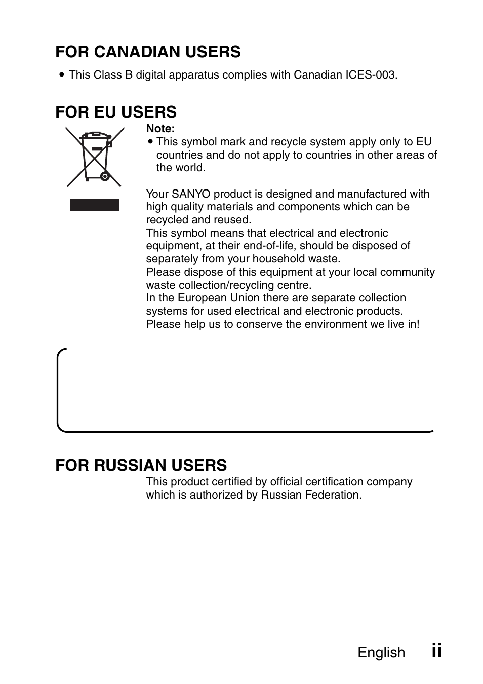 For canadian users, For eu users, For russian users | Sanyo VPC-HD1000 User Manual | Page 3 / 243