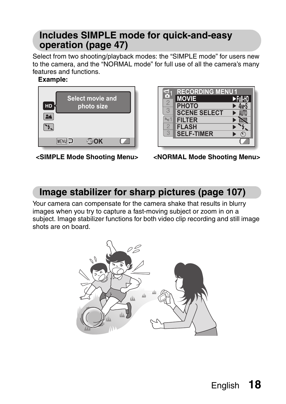 Image stabilizer for sharp pictures (page 107), English | Sanyo VPC-HD1000 User Manual | Page 33 / 243