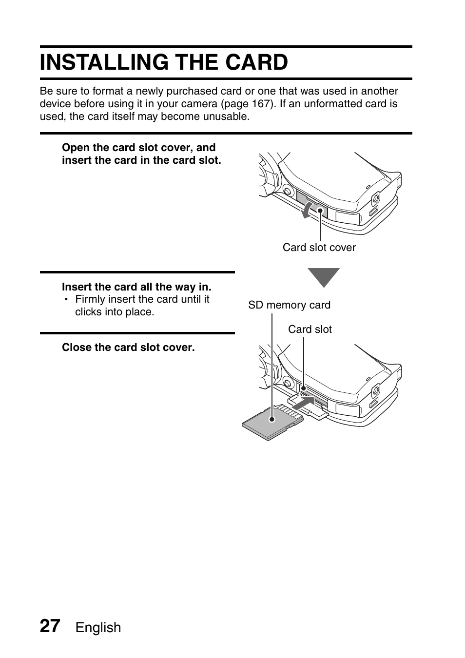 Installing the card | Sanyo VPC-HD1000 User Manual | Page 42 / 243