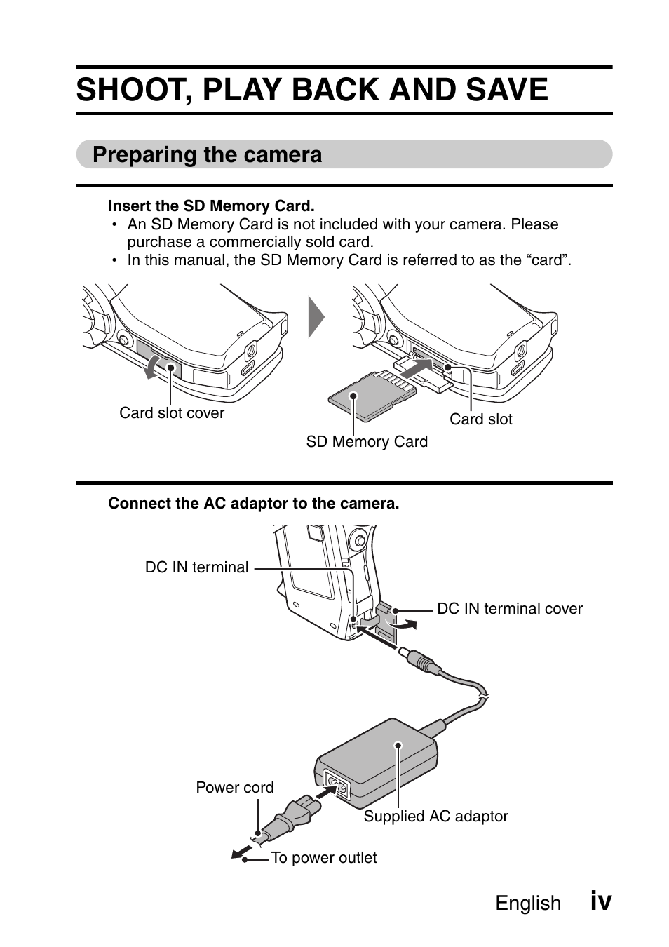 Shoot, play back and save, Preparing the camera | Sanyo VPC-HD1000 User Manual | Page 5 / 243