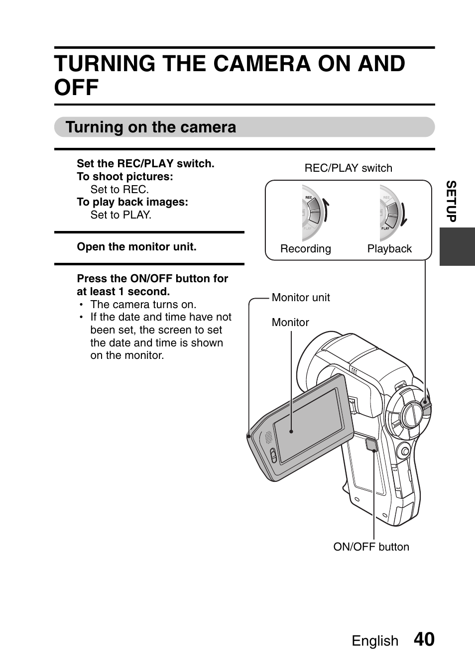 Turning the camera on and off, Turning on the camera | Sanyo VPC-HD1000 User Manual | Page 55 / 243