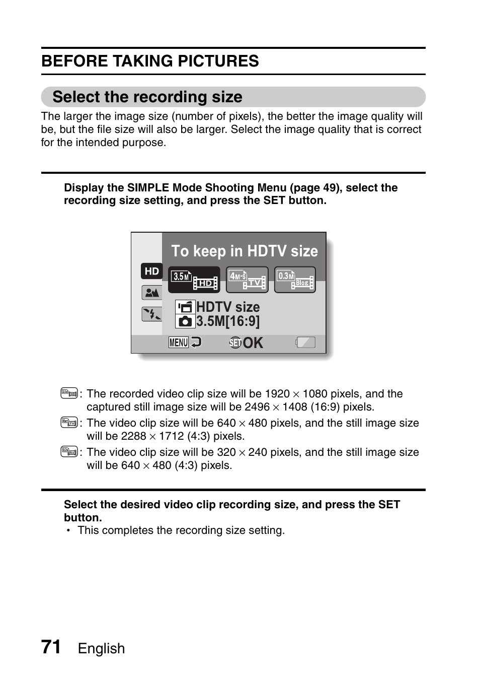 Before taking pictures select the recording size | Sanyo VPC-HD1000 User Manual | Page 86 / 243