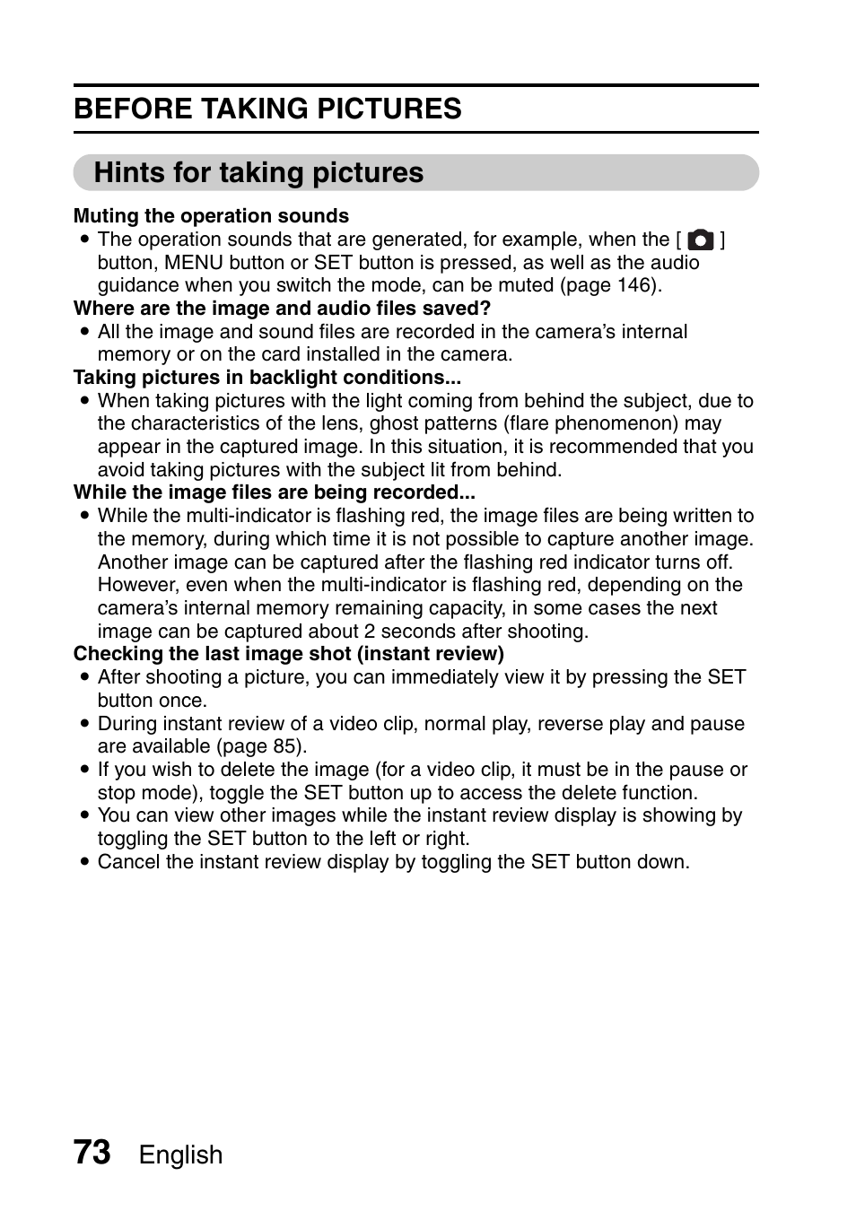 Before taking pictures hints for taking pictures, English | Sanyo VPC-HD1000 User Manual | Page 88 / 243