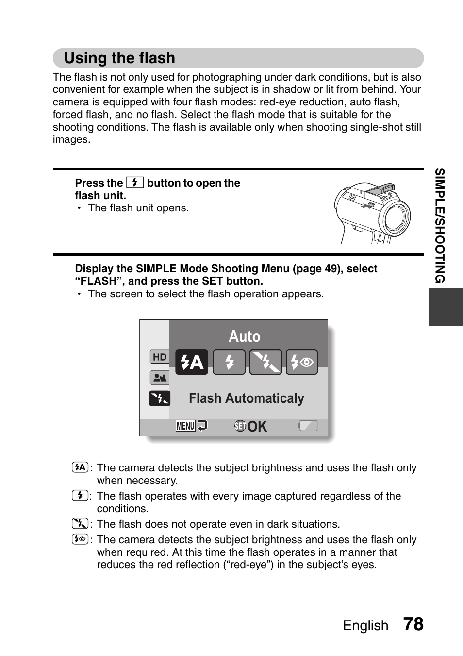 Auto, Using the flash | Sanyo VPC-HD1000 User Manual | Page 93 / 243