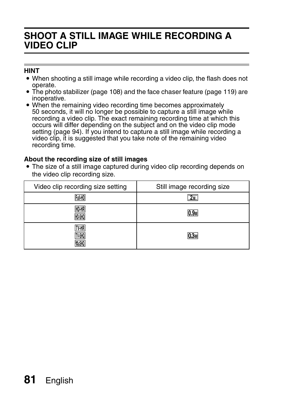 Shoot a still image while recording a video clip, English | Sanyo VPC-HD1000 User Manual | Page 96 / 243