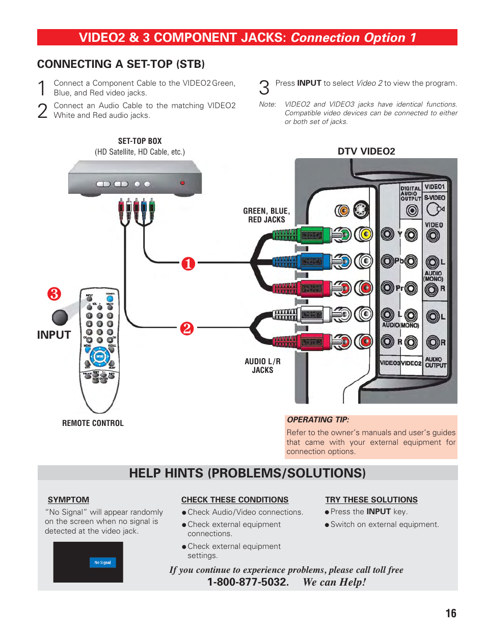 Connection option 1, Video2 & 3 component jacks, Help hints (problems/solutions) | Sanyo DP19647 User Manual | Page 16 / 46