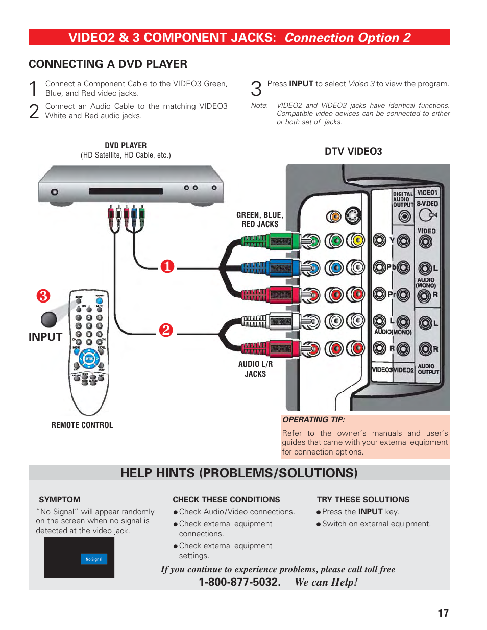 Connection option 2, Video2 & 3 component jacks, Help hints (problems/solutions) | Sanyo DP19647 User Manual | Page 17 / 46